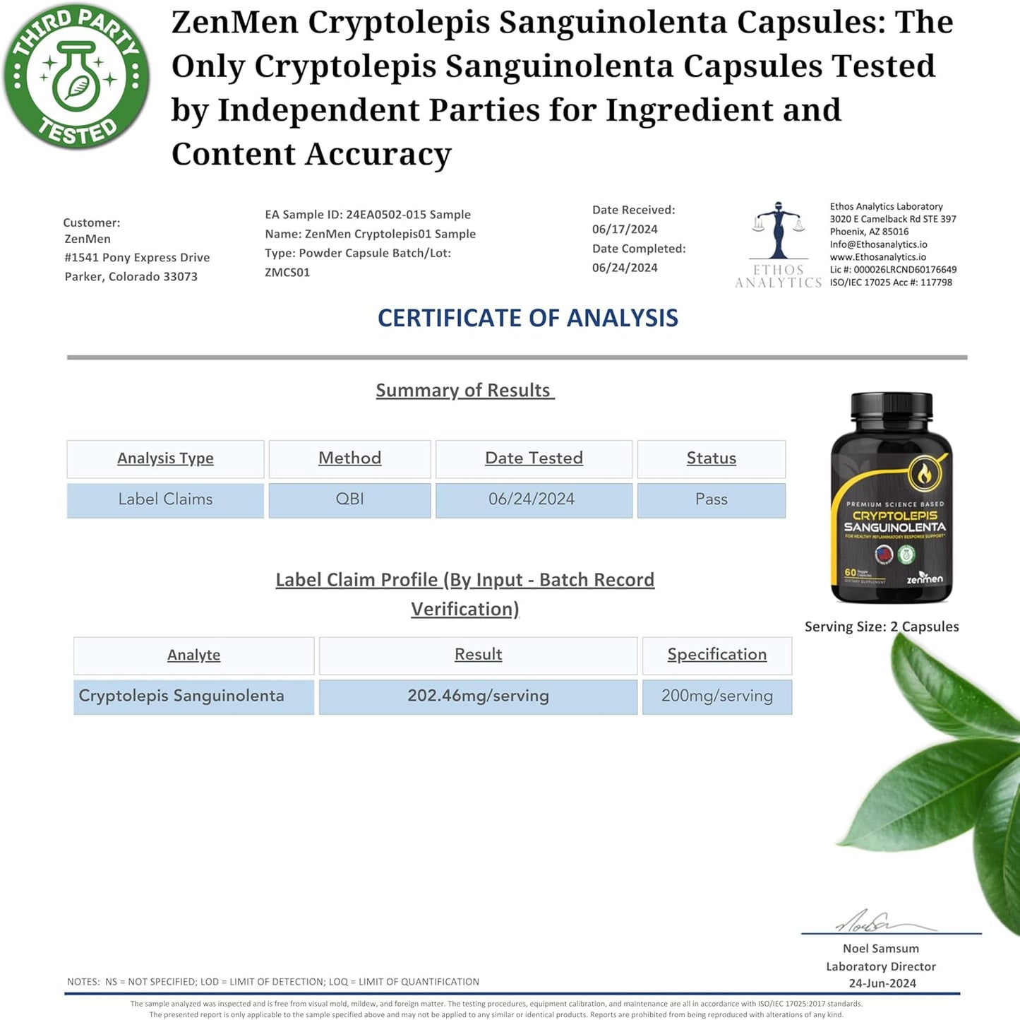 60 Capsules of Zenmen Cryptolepis Sanguinolenta for Immune and Wellness Support - Made in the USA