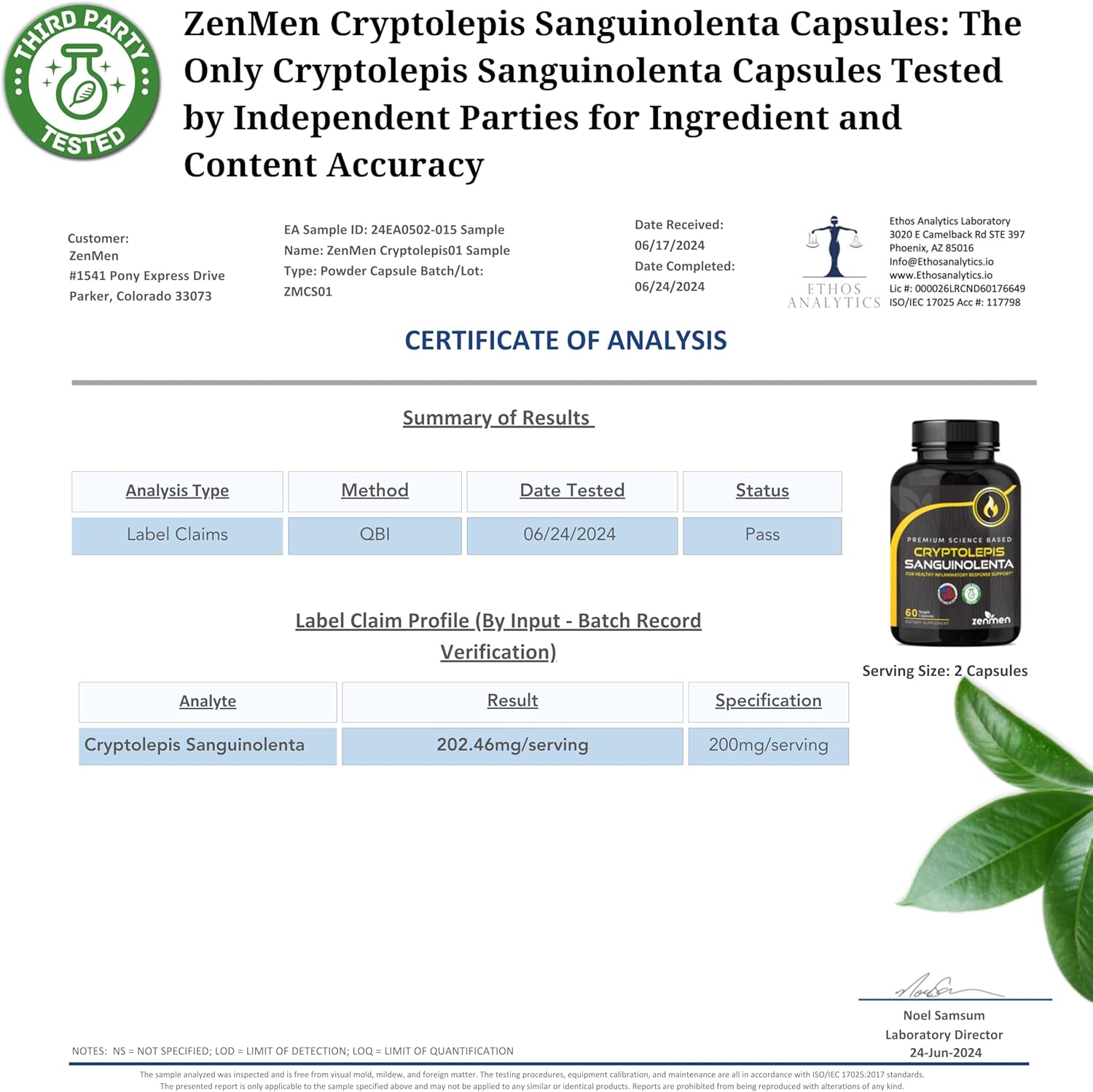 60 Capsules of Zenmen Cryptolepis Sanguinolenta for Immune and Wellness Support - Made in the USA