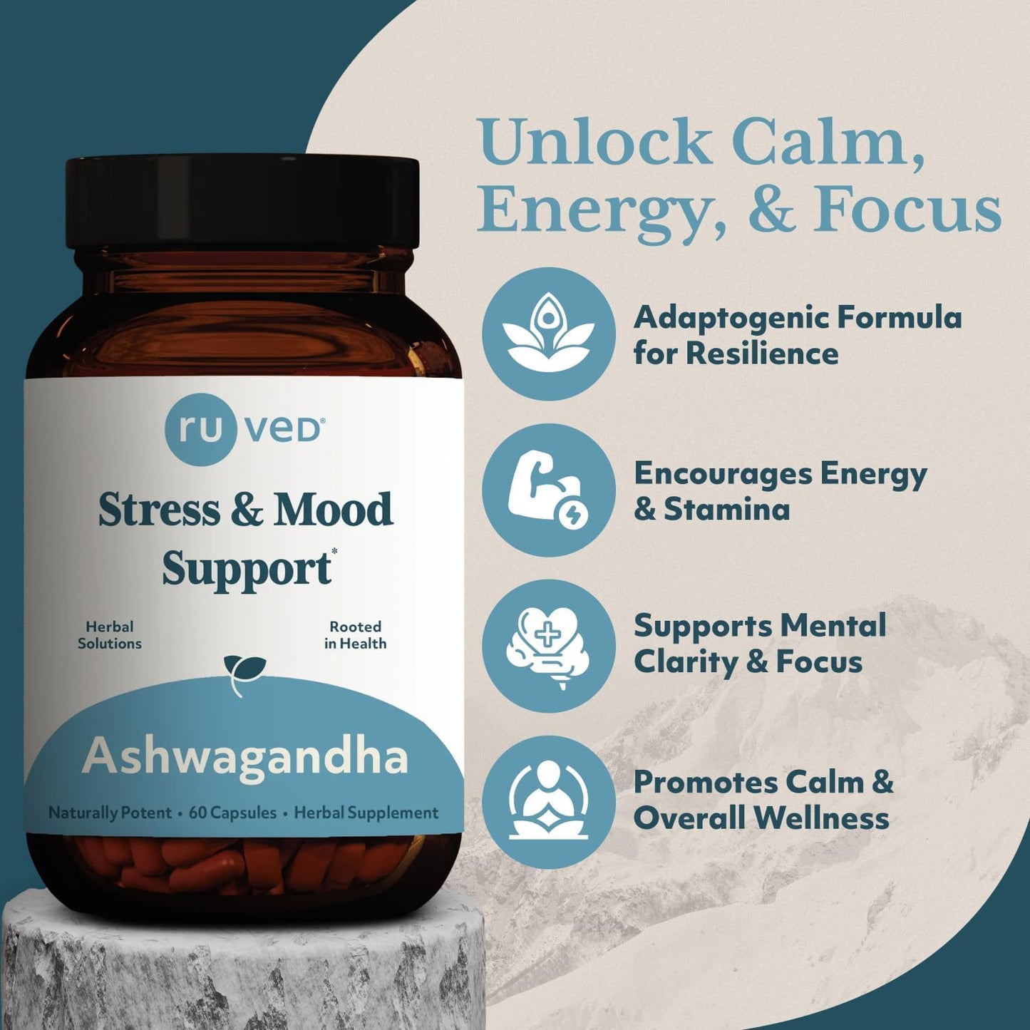 60 Capsules R-U VED RU Ved Ashwagandha Ayurvedic Supplement for Stress and Mood Support
