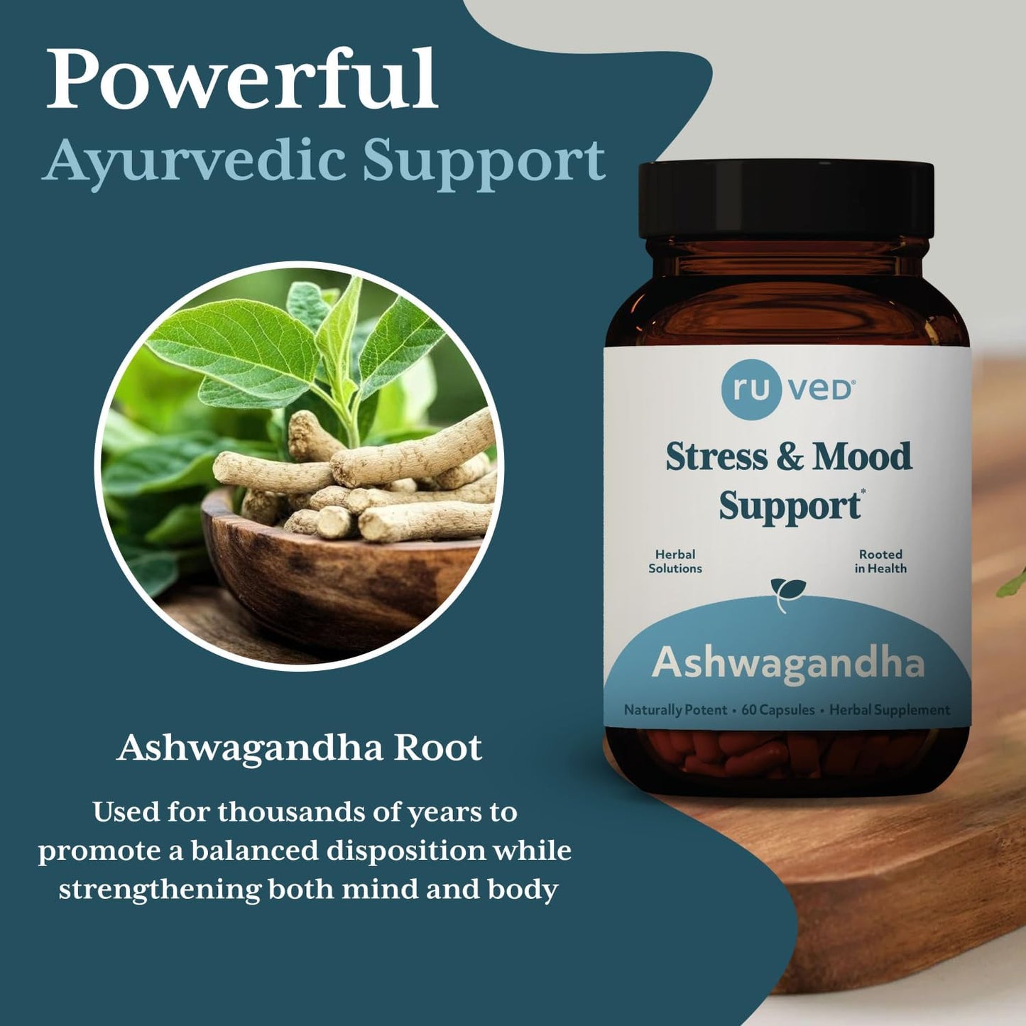 60 Capsules R-U VED RU Ved Ashwagandha Ayurvedic Supplement for Stress and Mood Support