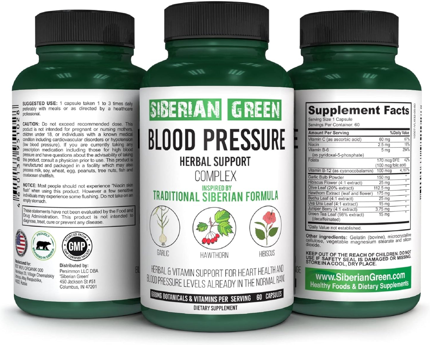 60 Capsules Siberian Green Blood Cardio Pressure Herbal Support with Hawthorn, Hibiscus, and Garlic - Traditional Siberian Formula