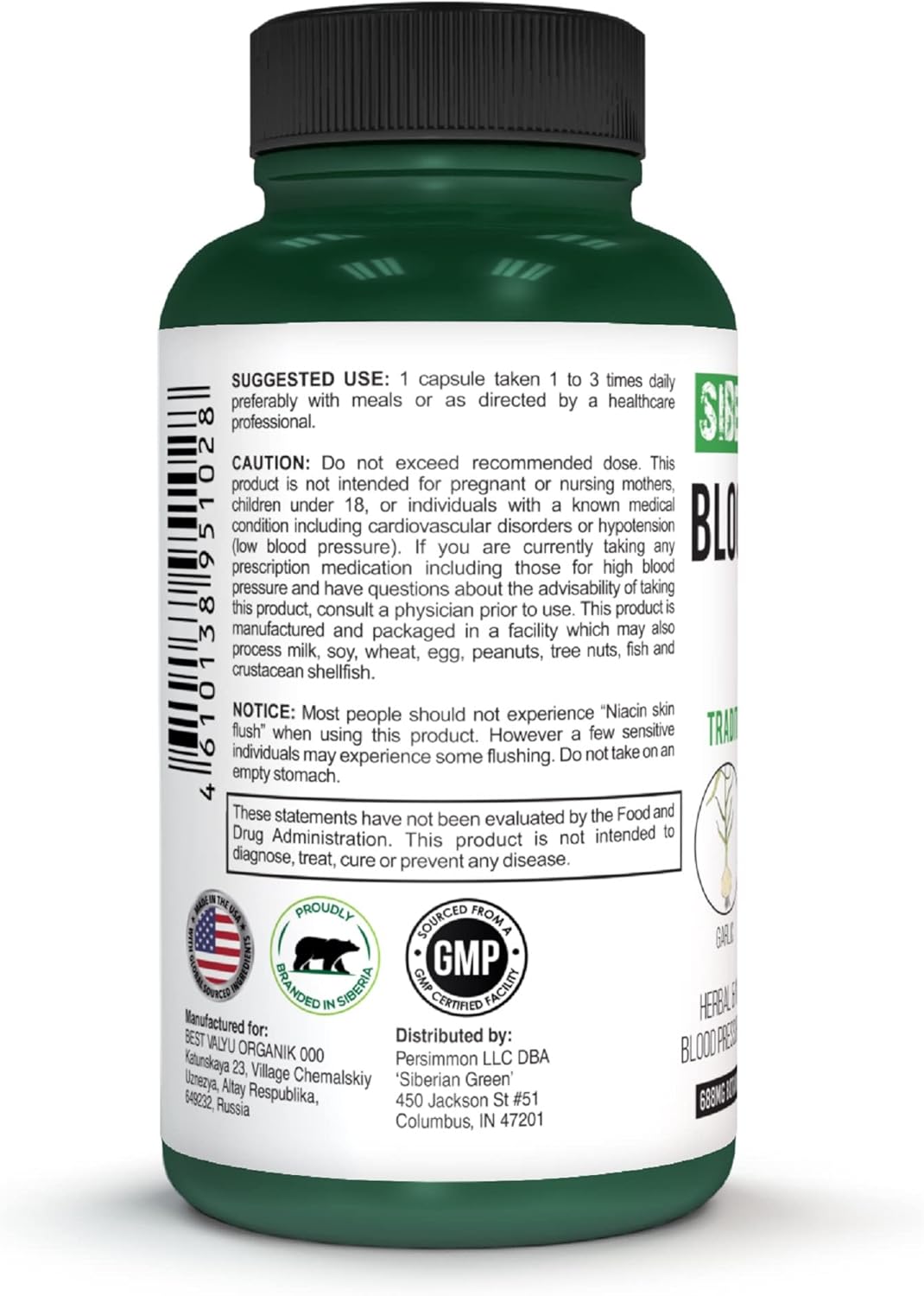 60 Capsules Siberian Green Blood Cardio Pressure Herbal Support with Hawthorn, Hibiscus, and Garlic - Traditional Siberian Formula