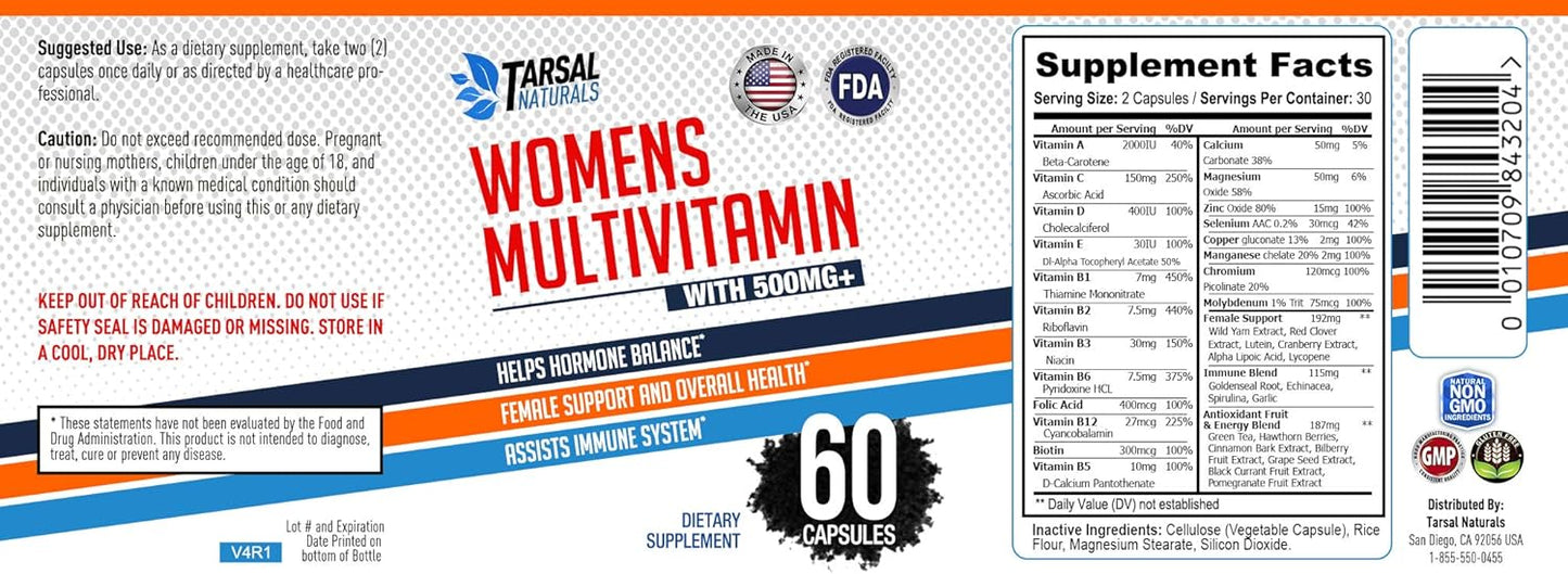 60 Capsules Tarsal Naturals Women's Multivitamin & Minerals | Natural Formula for Fatigue & Weakness | USA Made | FDA Registered | Gluten Free & Non GMO