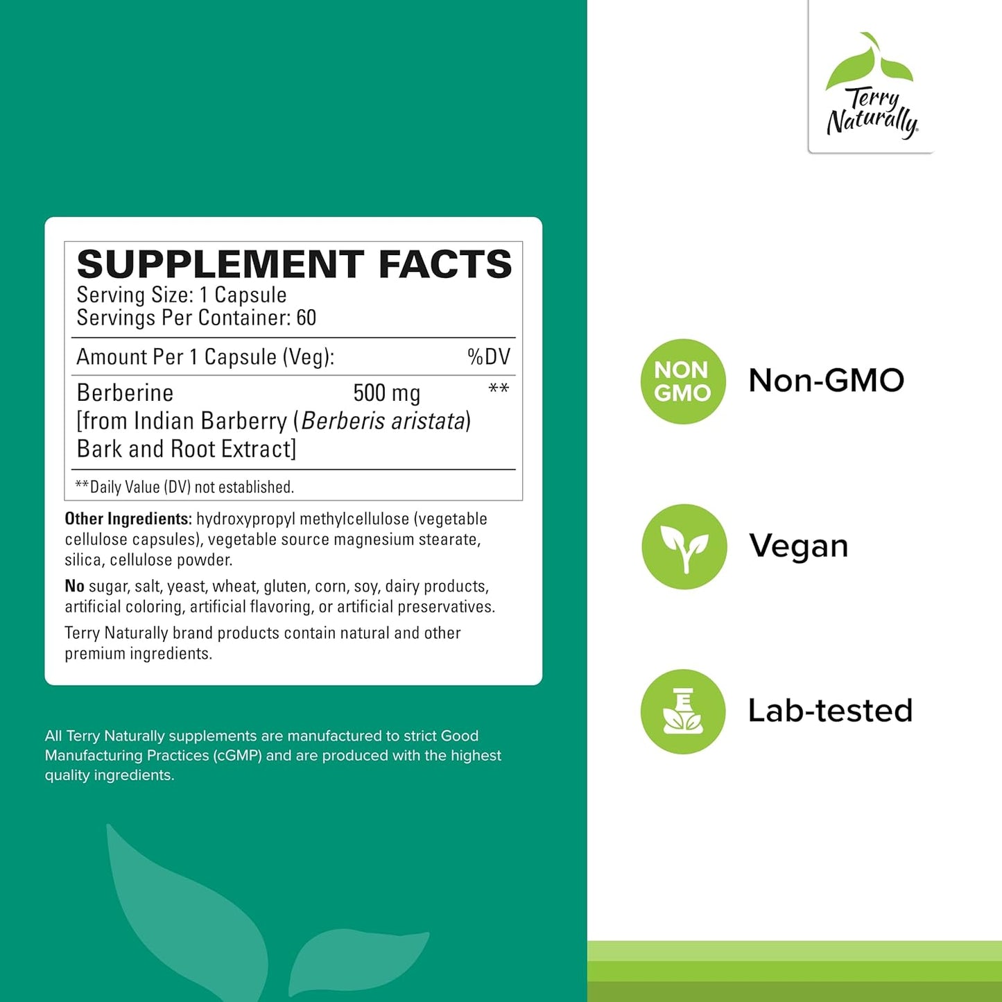 60 Capsules Terry Naturally Berberine for Improved Metabolic Health - Non-GMO, Vegan, Gluten Free - 60 Servings