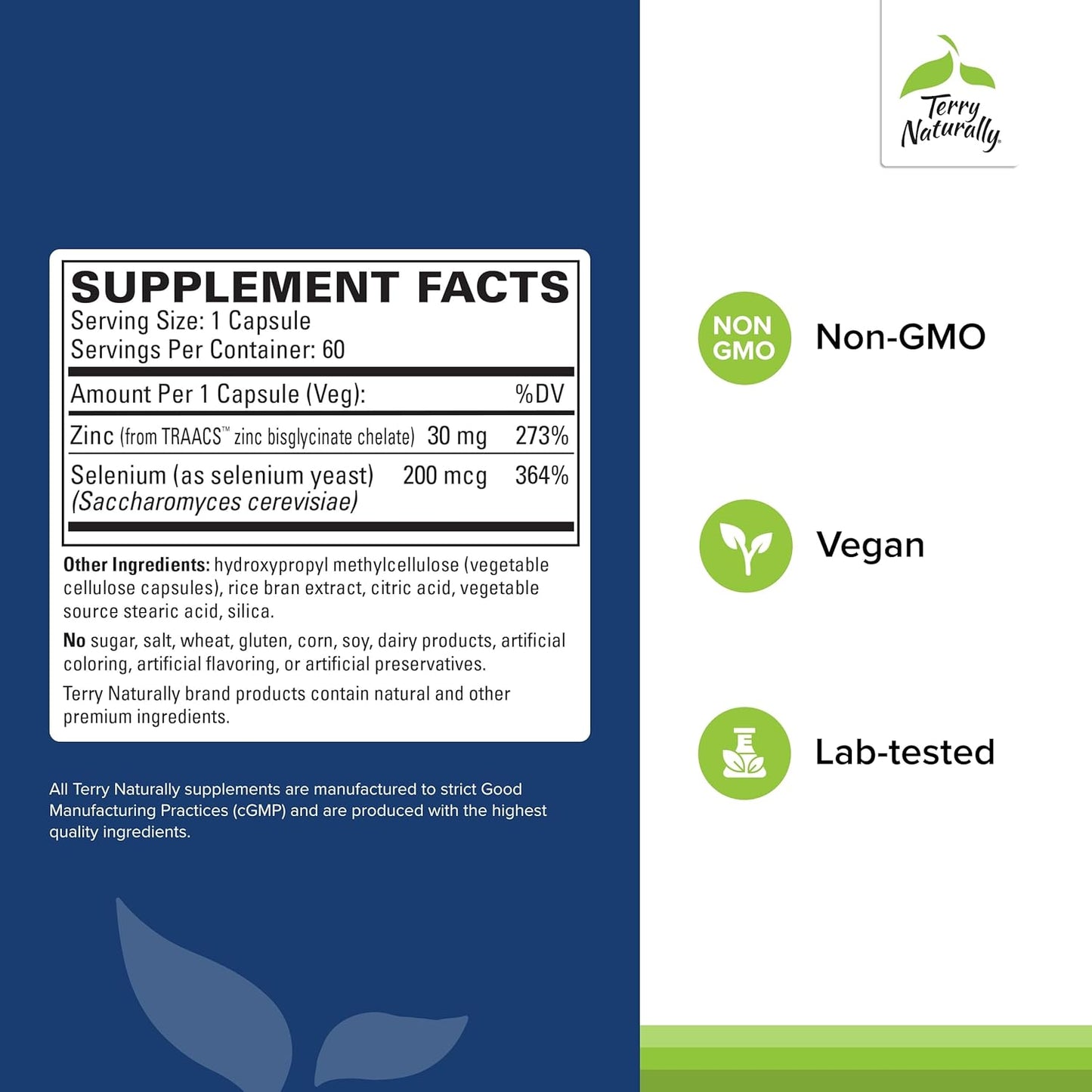 60 Capsules Terry Naturally Zinc Plus Selenium for Immune Support & Cellular Protection - Non-GMO Vegan Supplement - 60 Servings