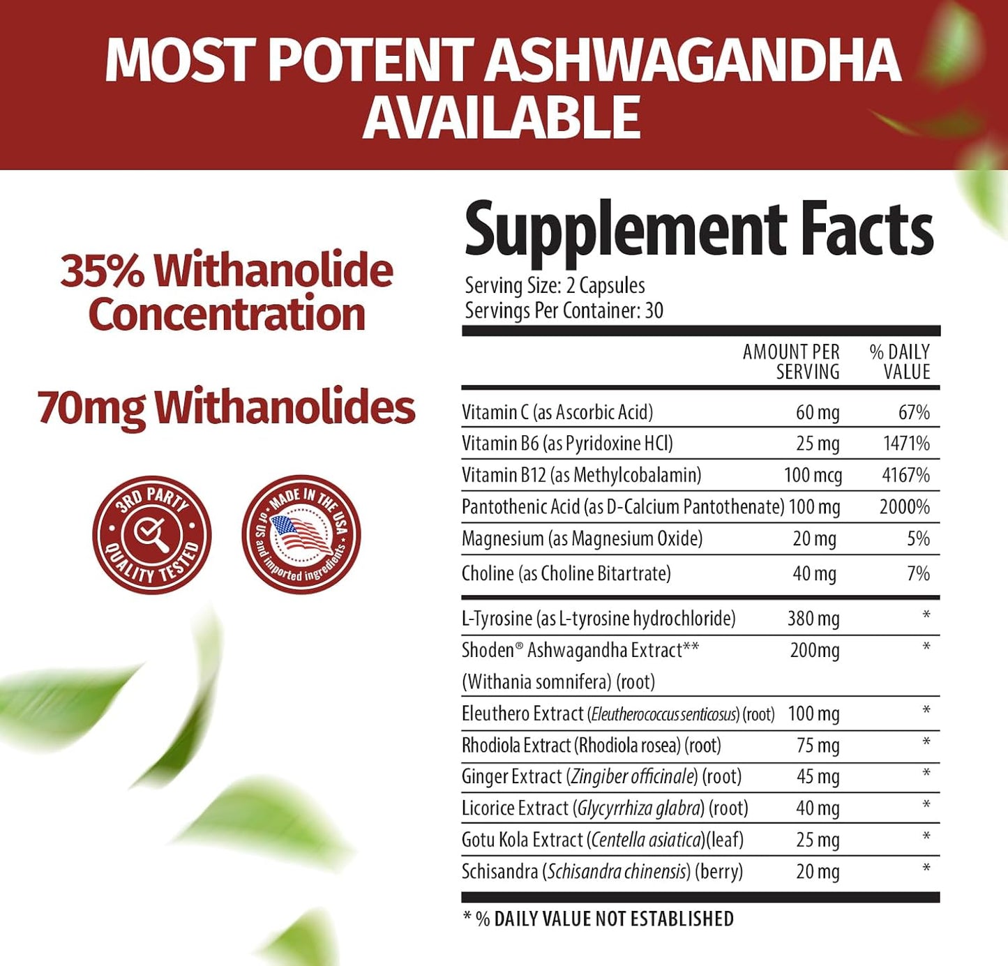 60 Capsules Vegan Ashwagandha Complex with Shoden® for Stress Relief, Sleep, and Energy Support - Non-GMO Formula