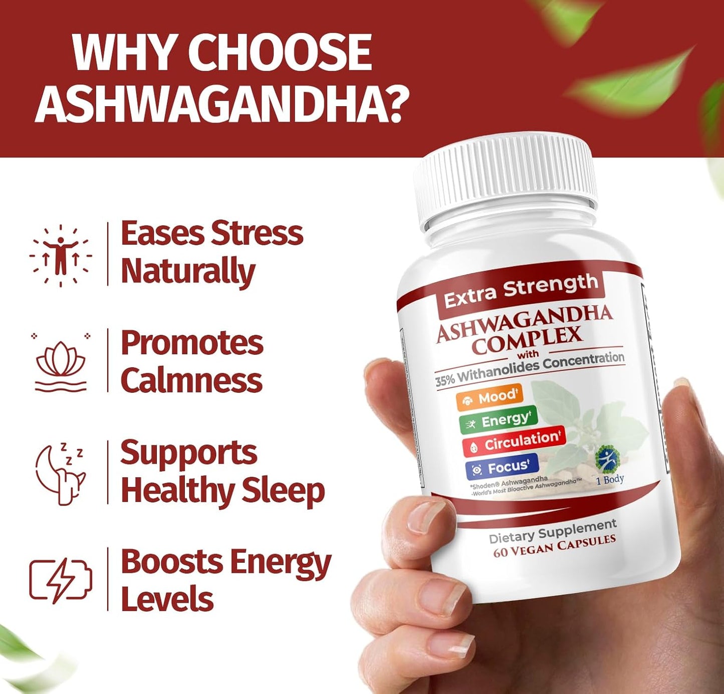 60 Capsules Vegan Ashwagandha Complex with Shoden® for Stress Relief, Sleep, and Energy Support - Non-GMO Formula