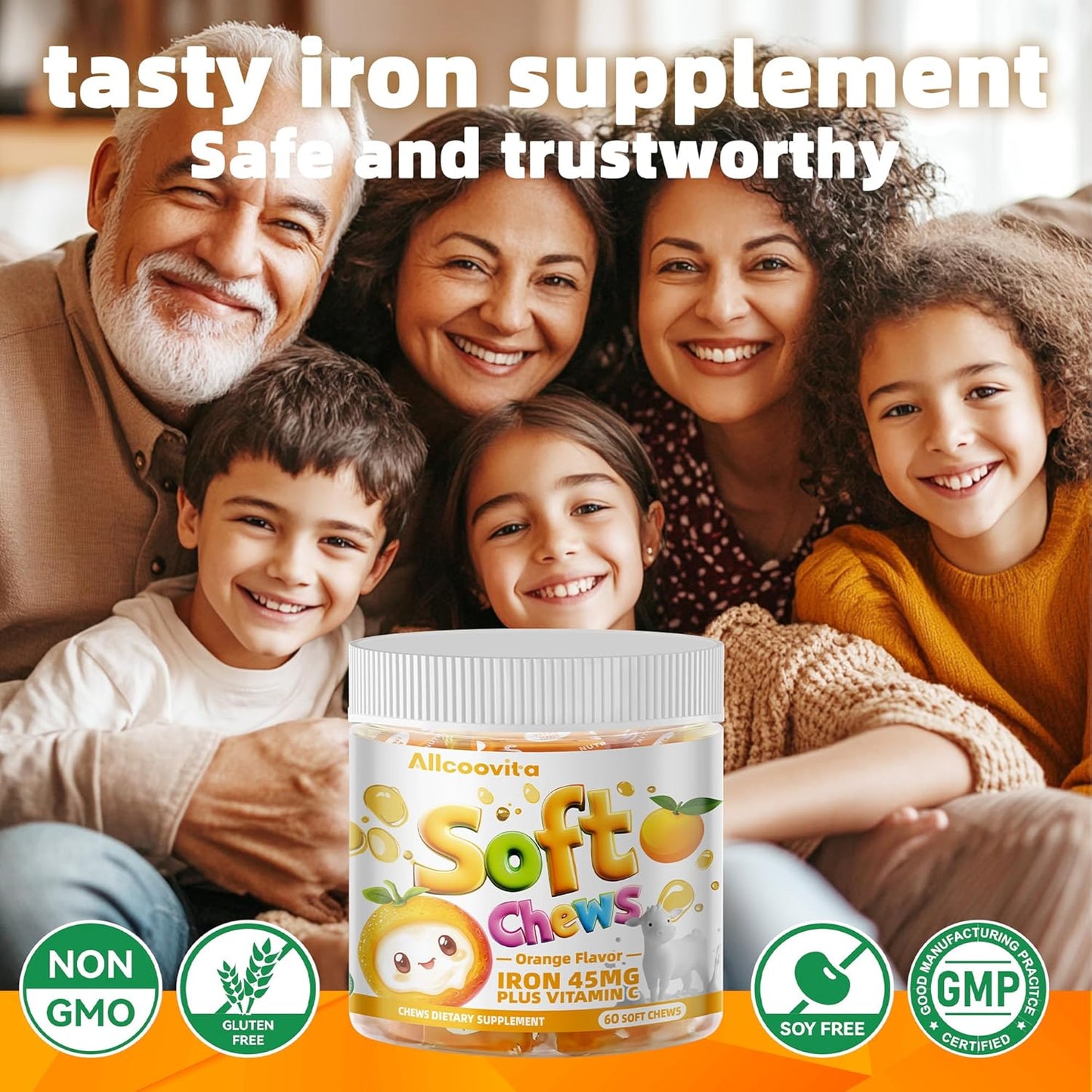 60 Count Allcoovita Iron Soft Chew Supplement with Vitamin C - Orange Flavored - Gluten Free Iron Supplement for Women Men and Kids - 2 Month Supply