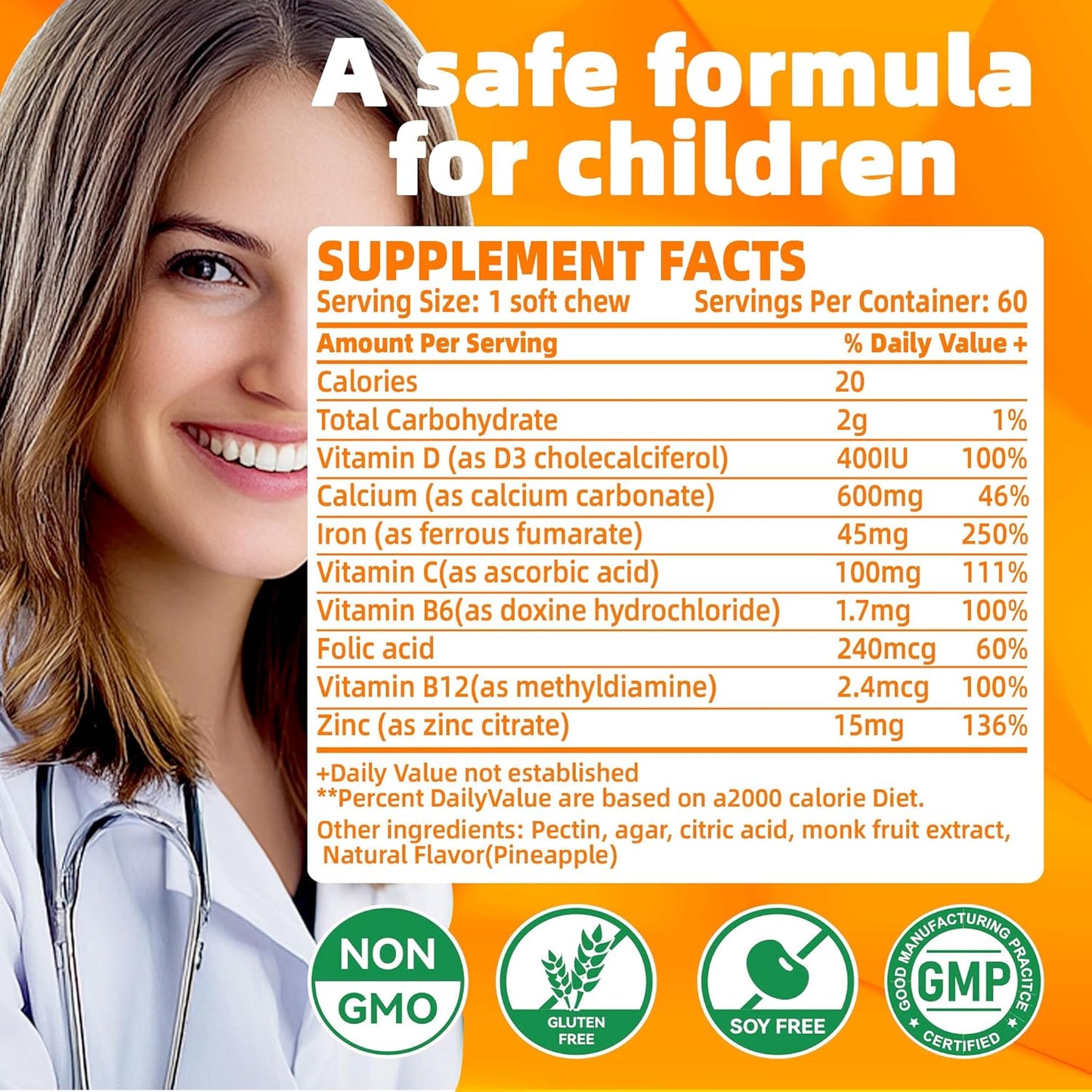 60 Count Allcoovita Iron Soft Chew Supplement with Vitamin C - Orange Flavored - Gluten Free Iron Supplement for Women Men and Kids - 2 Month Supply