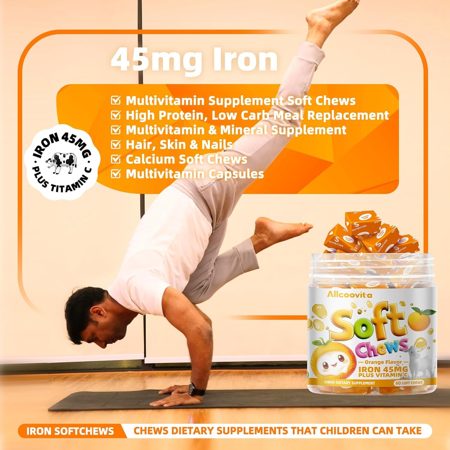 60 Count Allcoovita Iron Soft Chew Supplement with Vitamin C - Orange Flavored - Gluten Free Iron Supplement for Women Men and Kids - 2 Month Supply