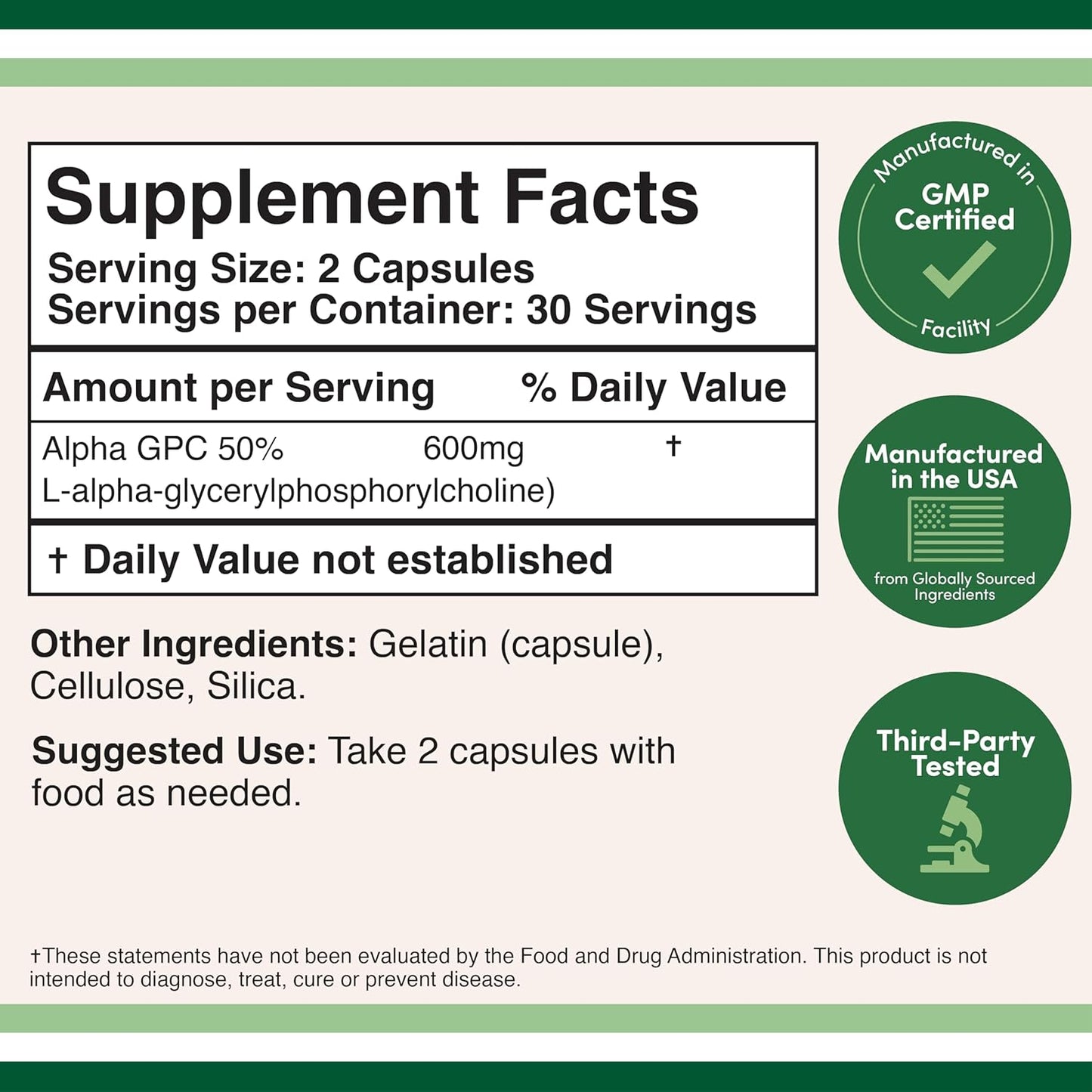 60 Count Alpha GPC Choline Capsules - 600mg Servings - Brain Support Aid for Focus, Memory, Motivation, Energy - Made in USA - Brain Support Supplement by Double Wood Supplements