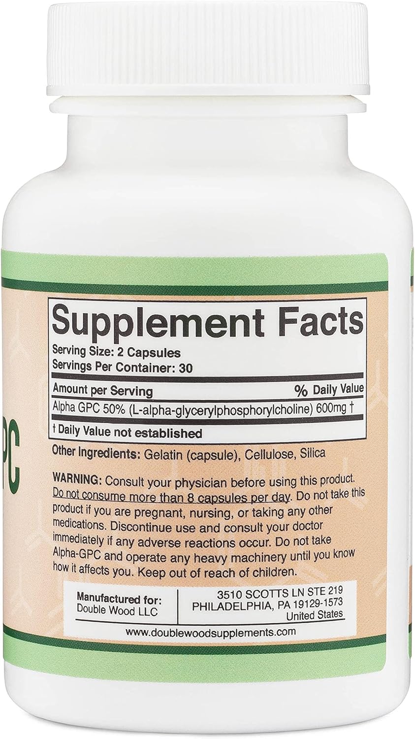 60 Count Alpha GPC Choline Capsules - 600mg Servings - Brain Support Aid for Focus, Memory, Motivation, Energy - Made in USA - Brain Support Supplement by Double Wood Supplements