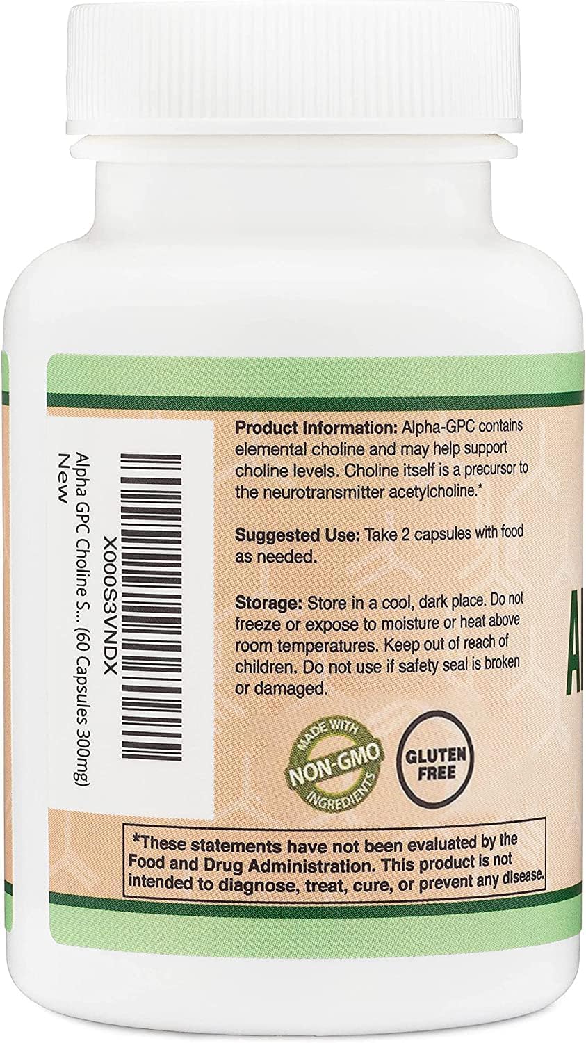 60 Count Alpha GPC Choline Capsules - 600mg Servings - Brain Support Aid for Focus, Memory, Motivation, Energy - Made in USA - Brain Support Supplement by Double Wood Supplements