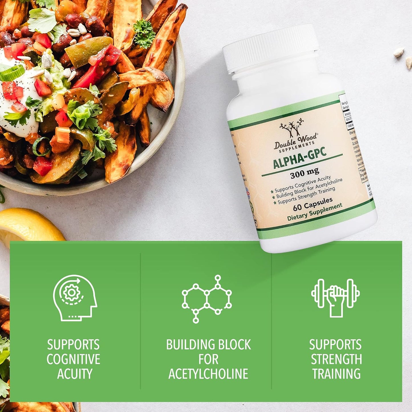60 Count Alpha GPC Choline Capsules - 600mg Servings - Brain Support Aid for Focus, Memory, Motivation, Energy - Made in USA - Brain Support Supplement by Double Wood Supplements