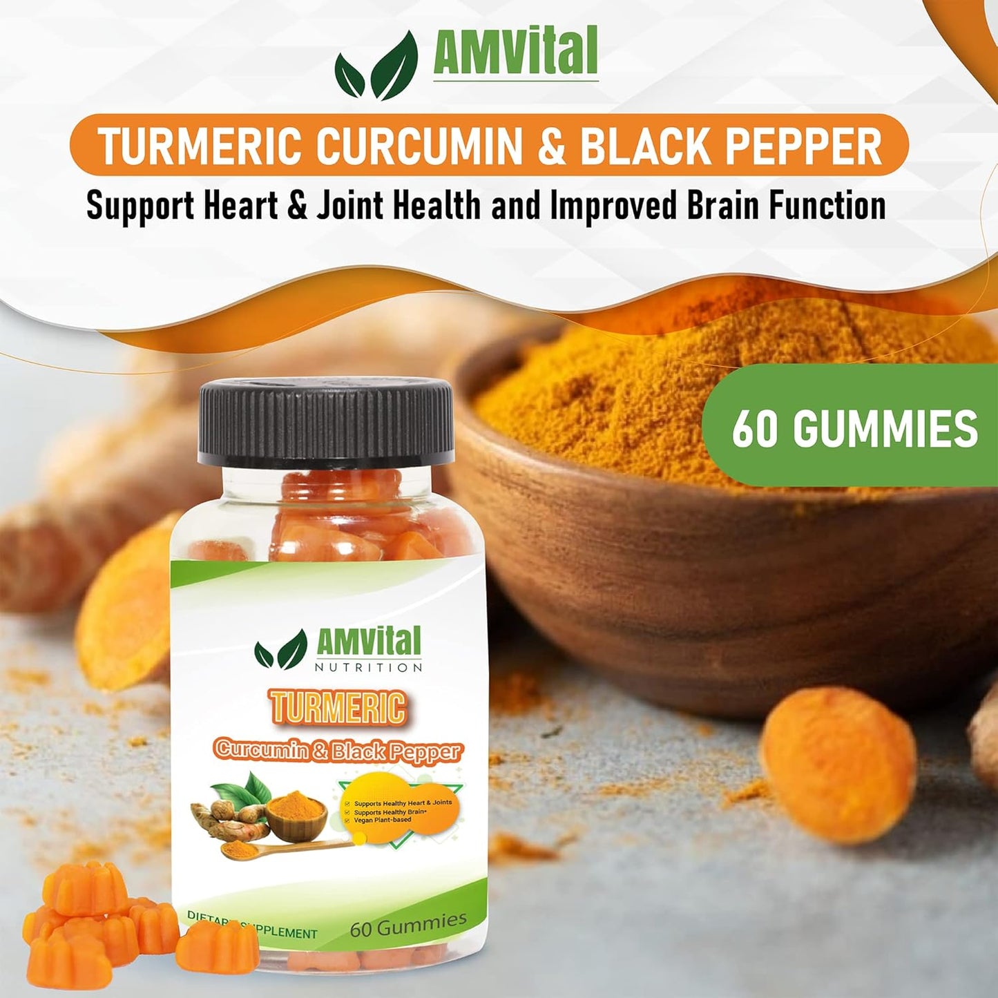 60 Count AMVital Turmeric Gummies with Curcumin and Black Pepper for Joint Support