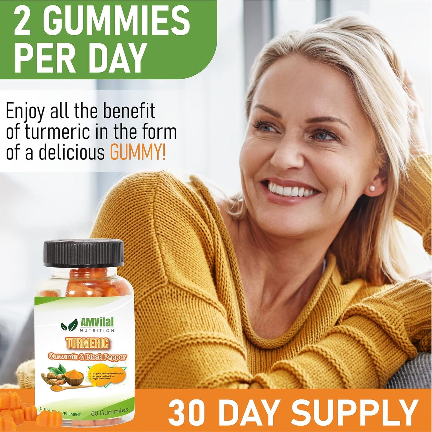 60 Count AMVital Turmeric Gummies with Curcumin and Black Pepper for Joint Support