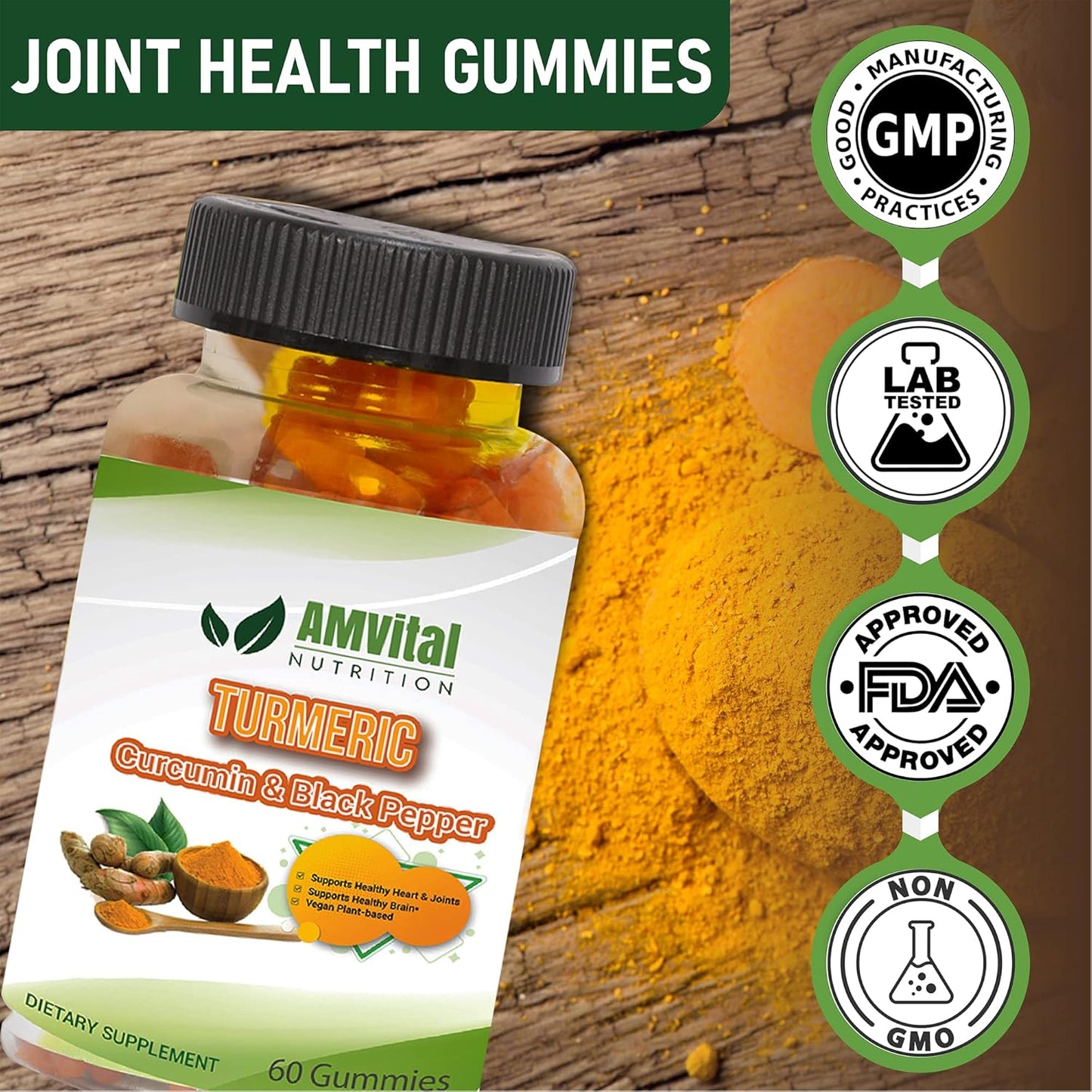 60 Count AMVital Turmeric Gummies with Curcumin and Black Pepper for Joint Support