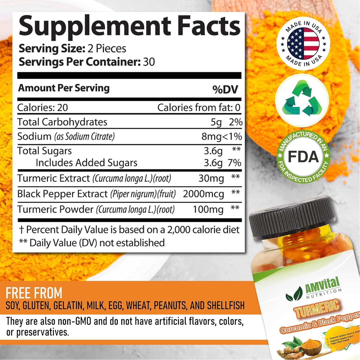 60 Count AMVital Turmeric Gummies with Curcumin and Black Pepper for Joint Support