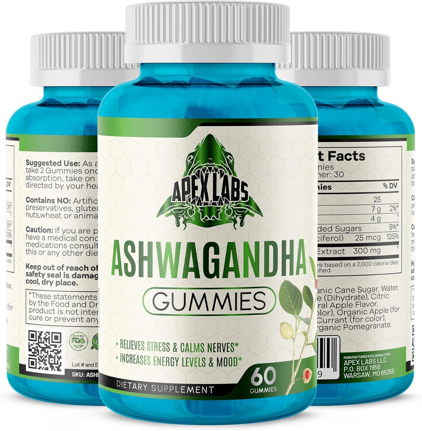 60-Count Apex Labs Ashwagandha Gummies: Mixed Berry Flavor, KSM-66, Vegan, Plant-Based, Non-GMO, Gluten-Free & Gelatin-Free for Relaxation