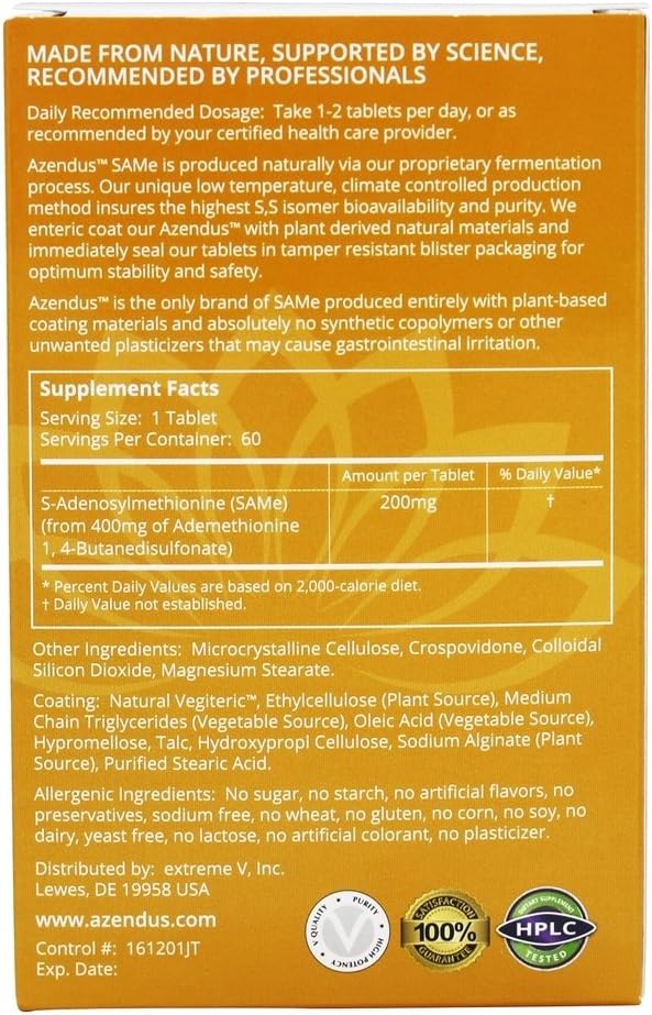 60 Count Azendus Natural SAM-e Joint Health Support Tablets - 200mg, Physician Recommended, Pure & Stable Pharmaceutical Grade Formula for Fast Absorption