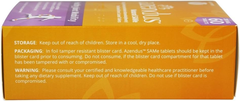 60 Count Azendus Natural SAM-e Joint Health Support Tablets - 200mg, Physician Recommended, Pure & Stable Pharmaceutical Grade Formula for Fast Absorption