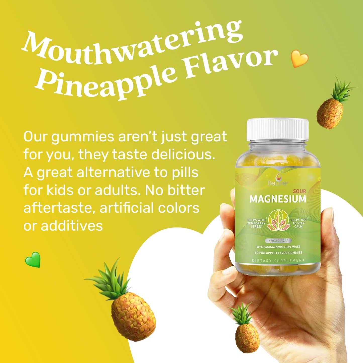 60 Count BeLive Magnesium Gummies 200mg - Pineapple Flavor for Adults & Kids | Glycinate Supplements for Relaxation, Stress Relief, and Sleep