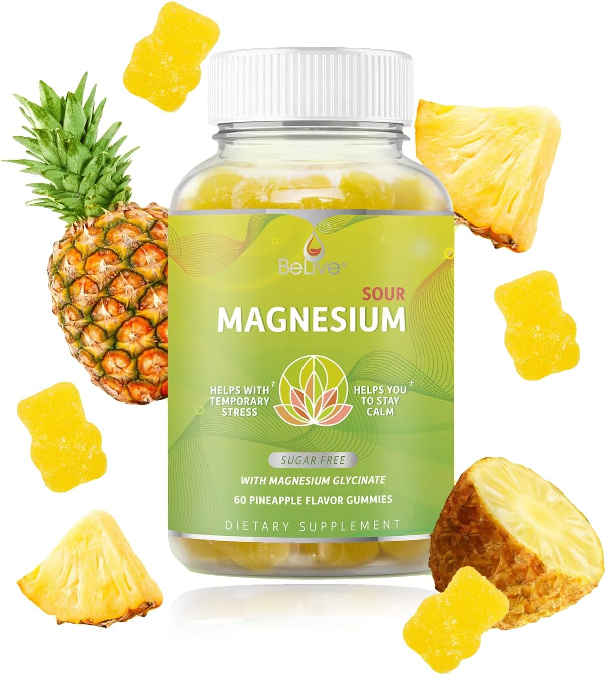 60 Count BeLive Magnesium Gummies 200mg - Pineapple Flavor for Adults & Kids | Glycinate Supplements for Relaxation, Stress Relief, and Sleep