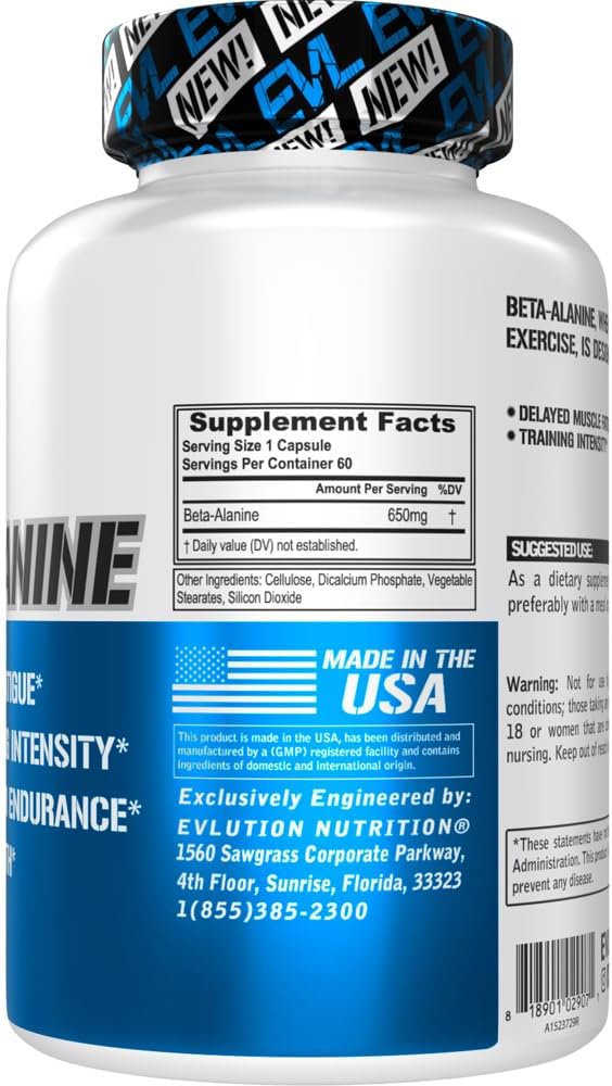 60 Count Beta-Alanine Capsules for Enhanced Training Intensity - Muscle Fatigue Delay, Endurance Boost, Strength Amplification - Men & Women Supplement by Evlution Nutrition