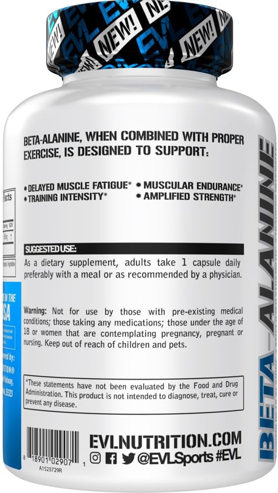 60 Count Beta-Alanine Capsules for Enhanced Training Intensity - Muscle Fatigue Delay, Endurance Boost, Strength Amplification - Men & Women Supplement by Evlution Nutrition