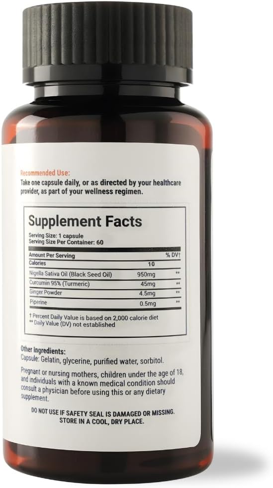 60 Count Black Seed Oil Capsules with Curcumin, Ginger, and Piperine for Immune Support, Joint & Muscle Health