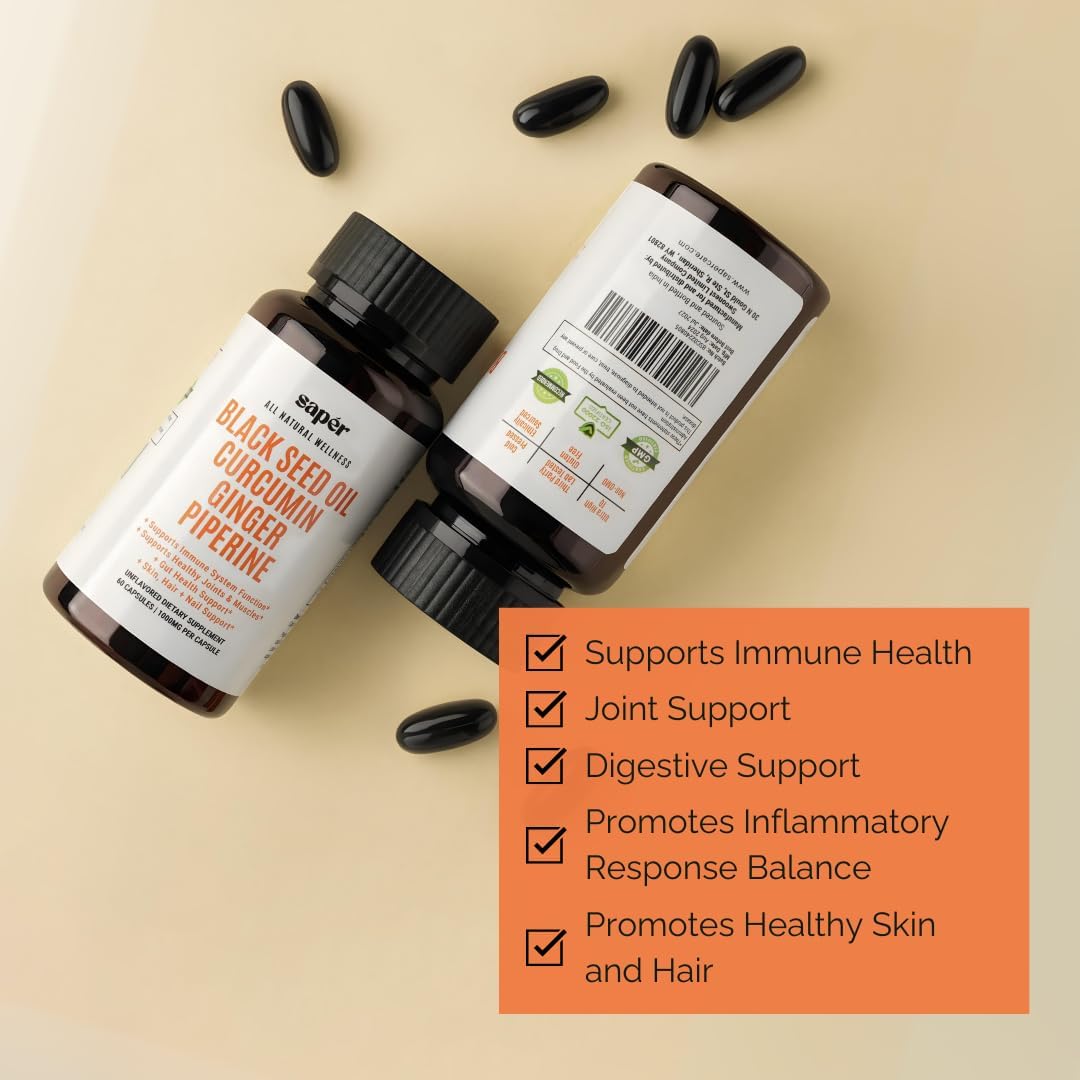 60 Count Black Seed Oil Capsules with Curcumin, Ginger, and Piperine for Immune Support, Joint & Muscle Health