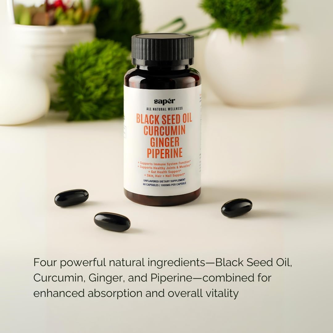 60 Count Black Seed Oil Capsules with Curcumin, Ginger, and Piperine for Immune Support, Joint & Muscle Health