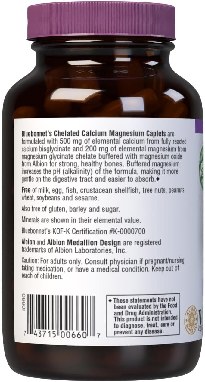 60 Count BlueBonnet Albion Chelated Calcium Magnesium Caplets for Bone Health and Immune Support