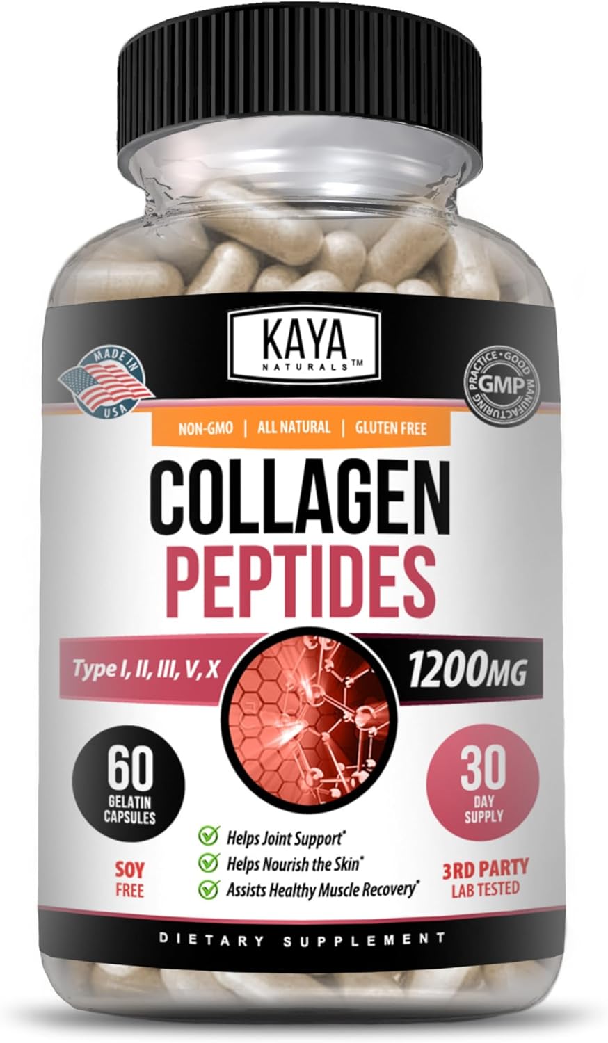 60 Count Capsules of Kaya Naturals Multi Collagen Peptides Complex Powder for Women and Men, Types I, II, III, V & X