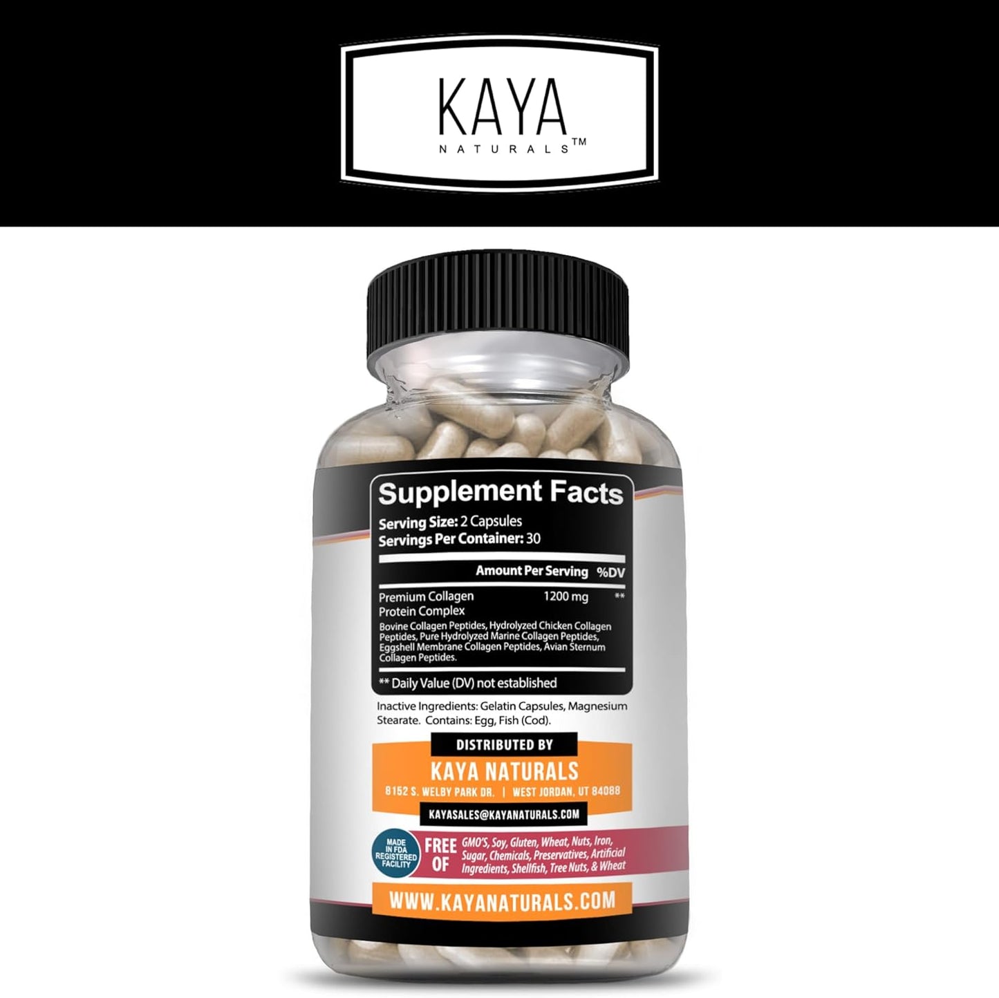 60 Count Capsules of Kaya Naturals Multi Collagen Peptides Complex Powder for Women and Men, Types I, II, III, V & X