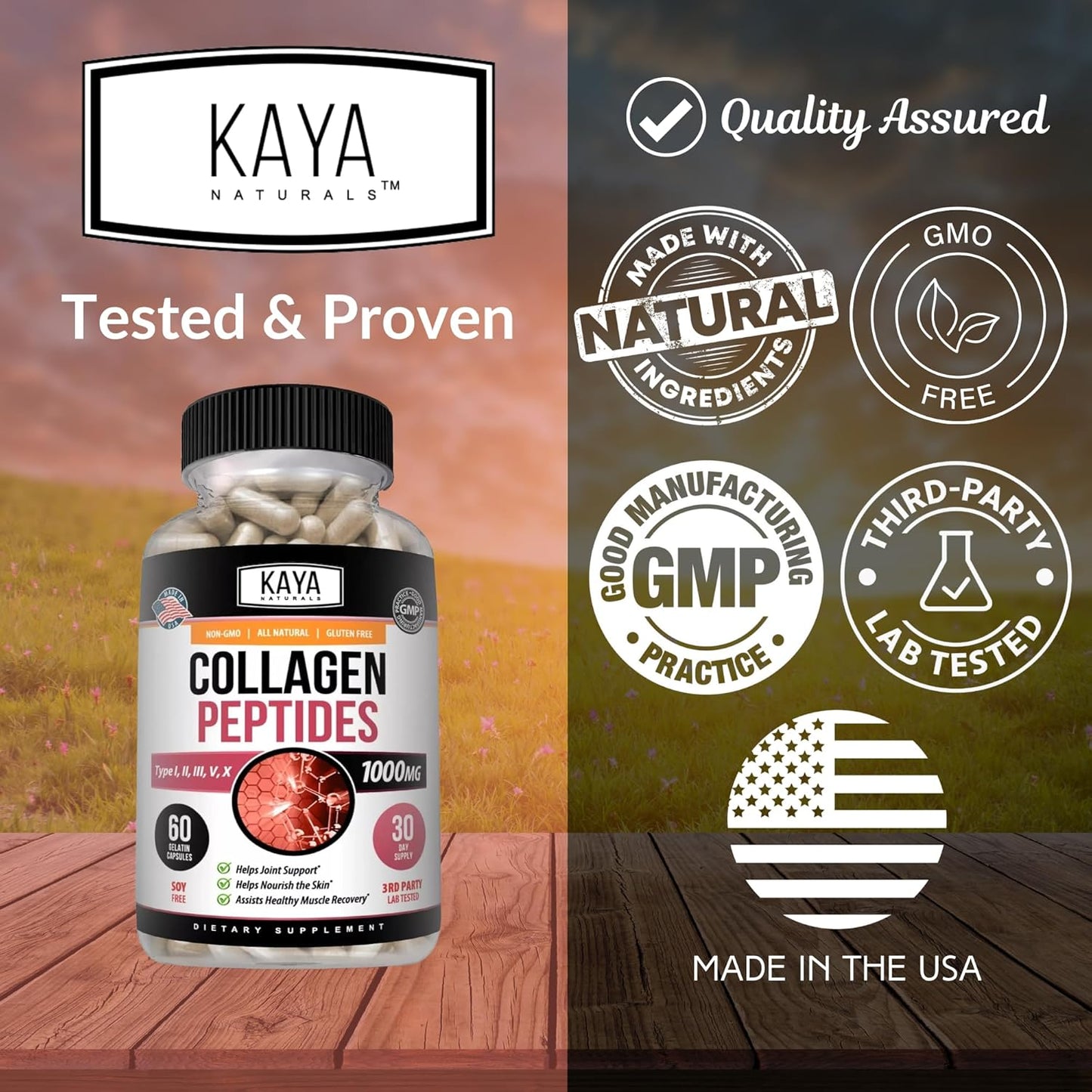 60 Count Capsules of Kaya Naturals Multi Collagen Peptides Complex Powder for Women and Men, Types I, II, III, V & X