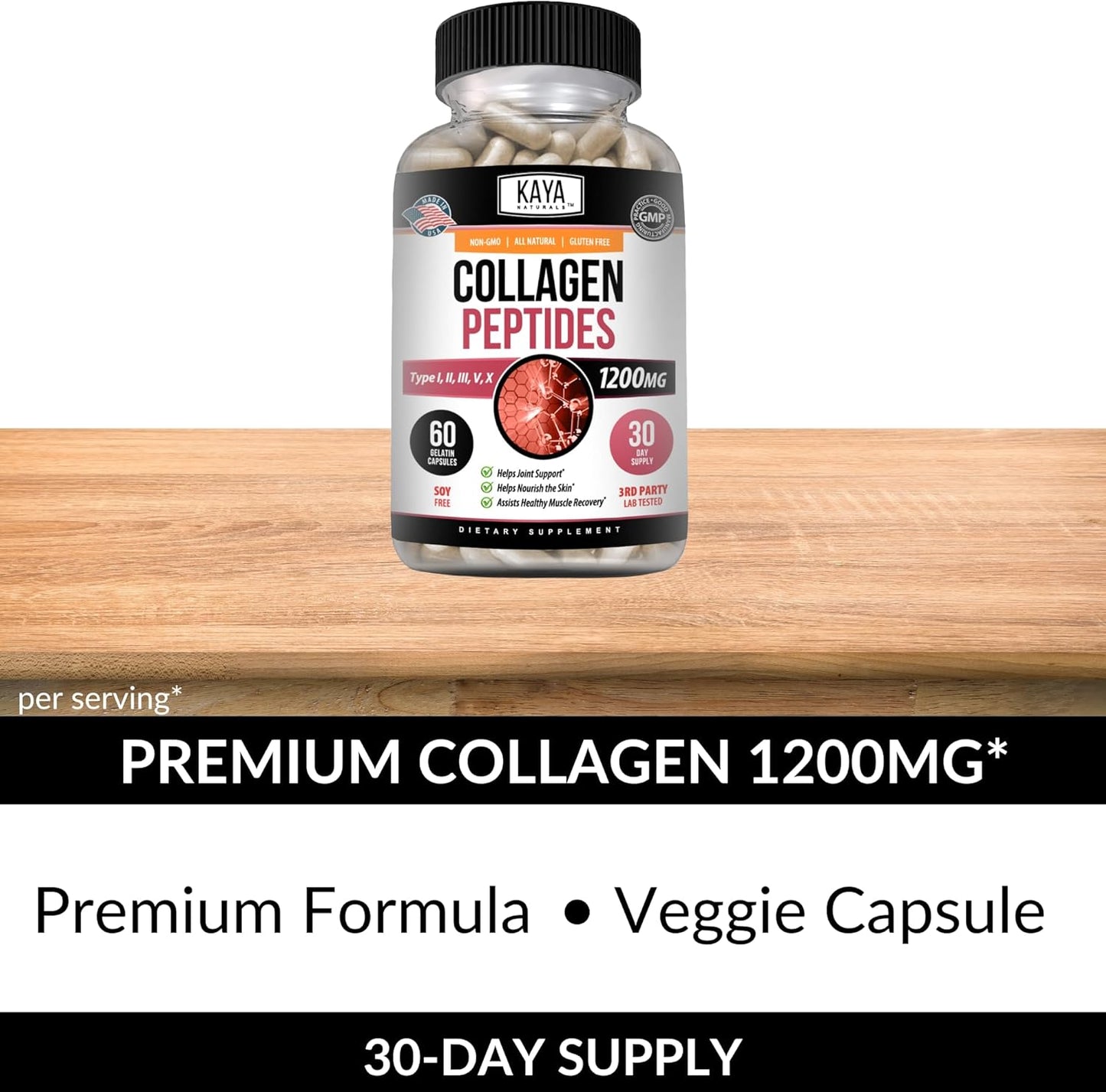 60 Count Capsules of Kaya Naturals Multi Collagen Peptides Complex Powder for Women and Men, Types I, II, III, V & X
