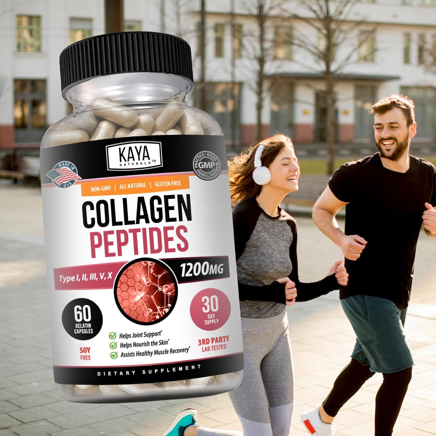 60 Count Capsules of Kaya Naturals Multi Collagen Peptides Complex Powder for Women and Men, Types I, II, III, V & X