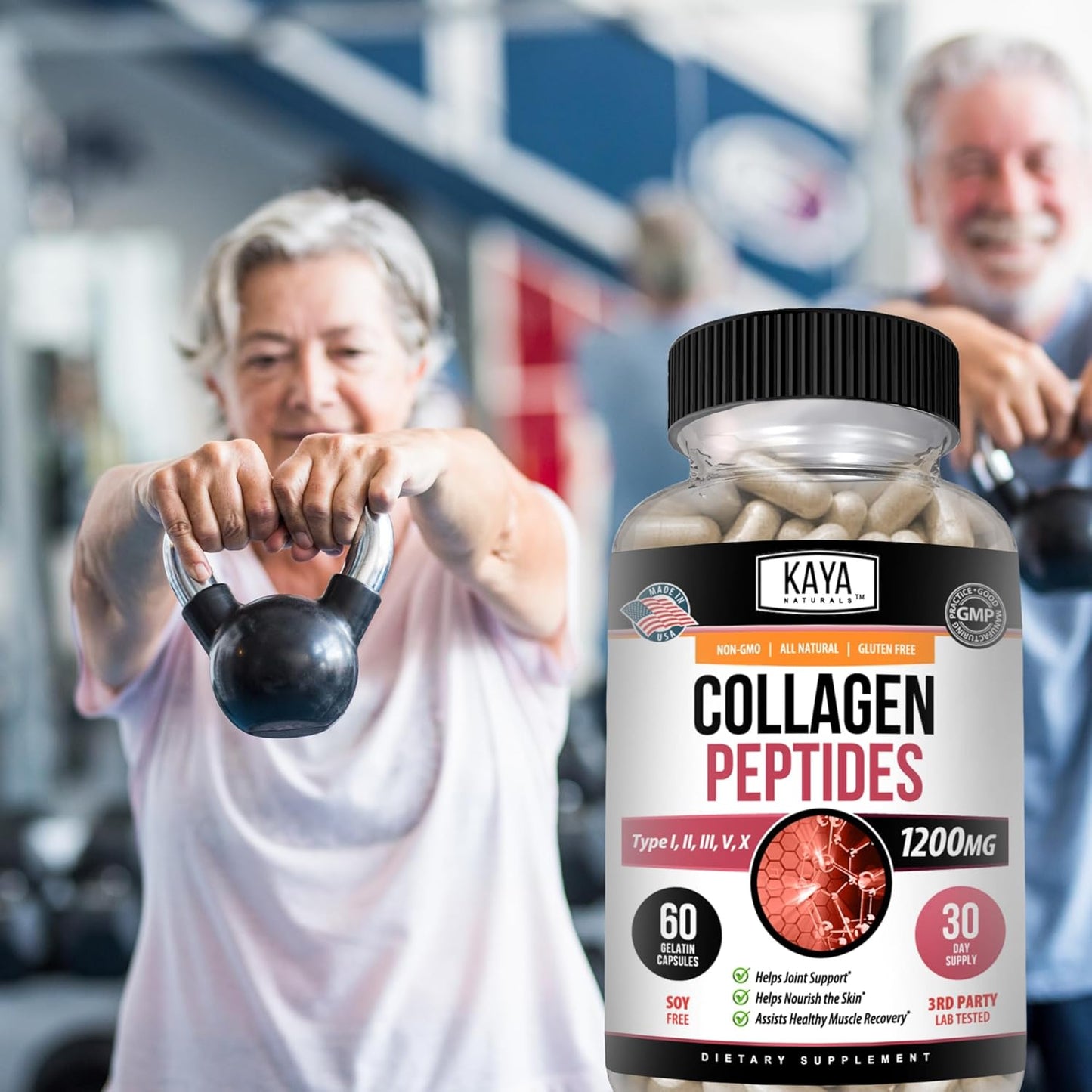 60 Count Capsules of Kaya Naturals Multi Collagen Peptides Complex Powder for Women and Men, Types I, II, III, V & X