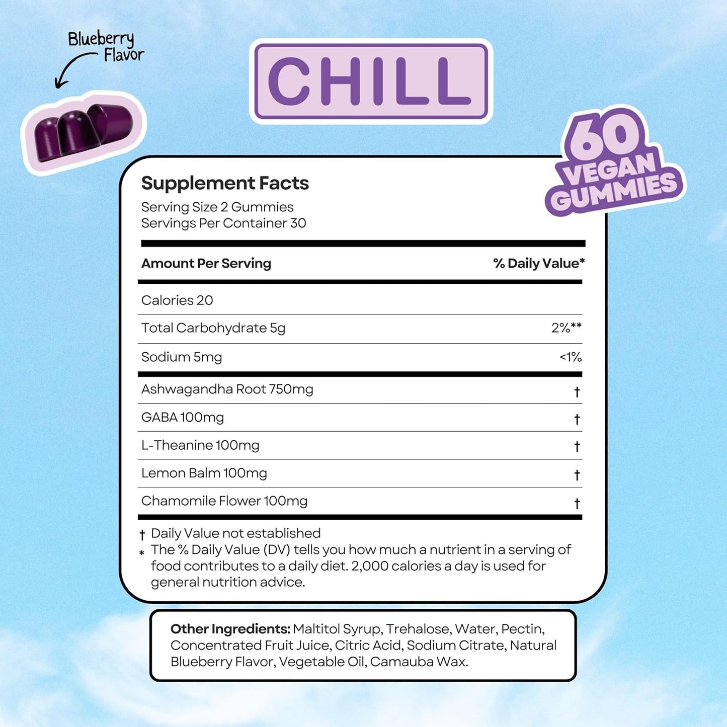 60 Count Chill Ashwagandha Vibe Gummies with GABA, L-Theanine & Chamomile