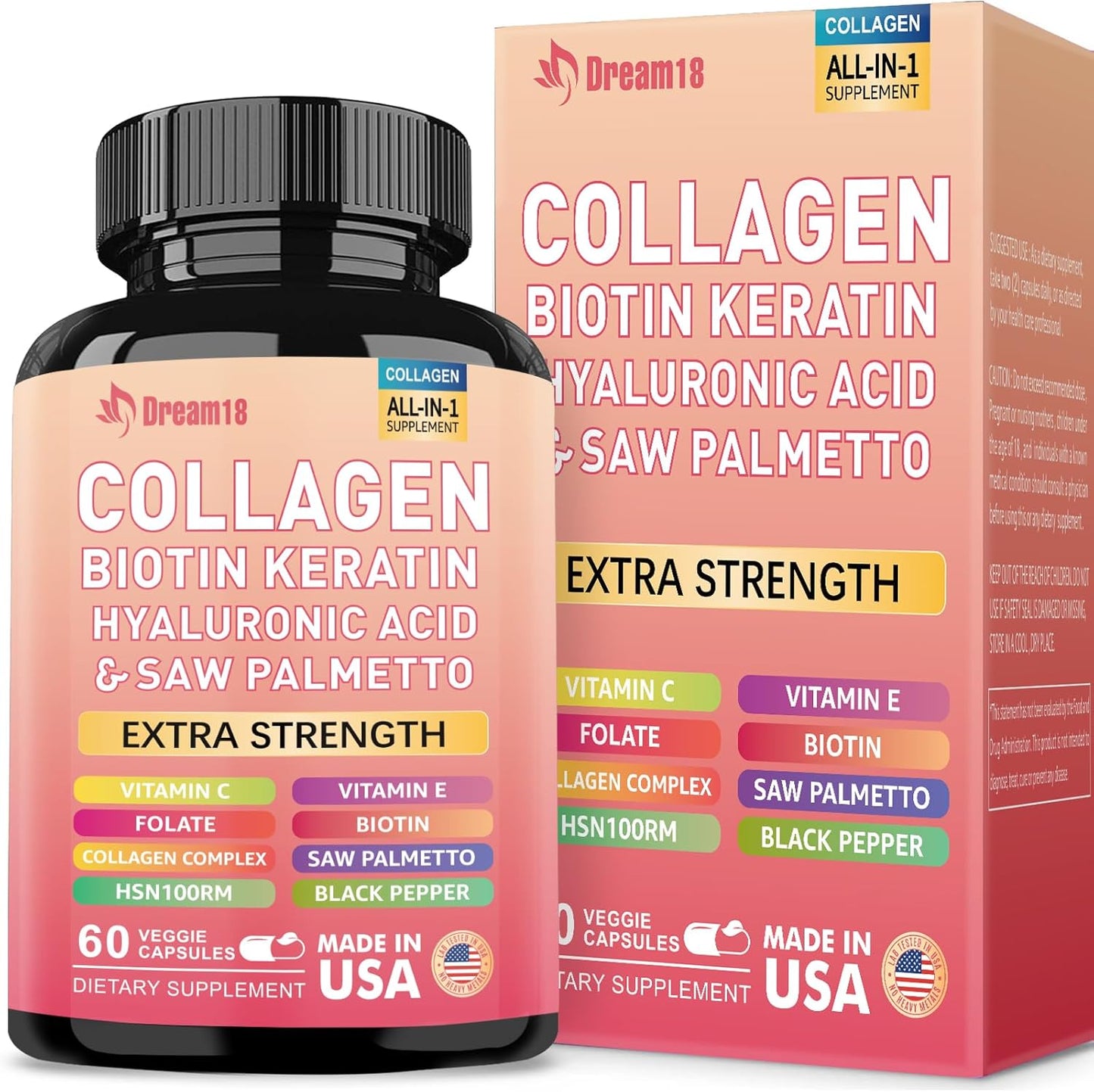 60 Count Collagen Pills with Biotin, Keratin, and Hyaluronic Acid - Hair Skin and Nails Vitamins for Men and Women