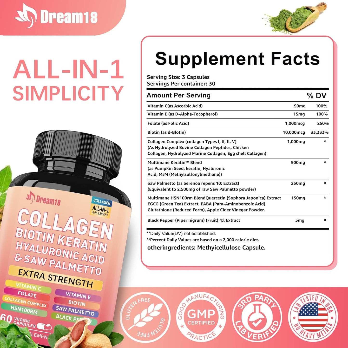 60 Count Collagen Pills with Biotin, Keratin, and Hyaluronic Acid - Hair Skin and Nails Vitamins for Men and Women