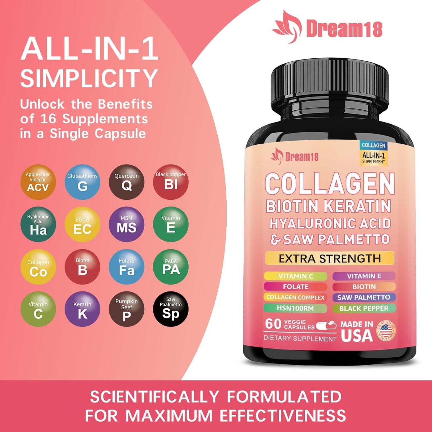 60 Count Collagen Pills with Biotin, Keratin, and Hyaluronic Acid - Hair Skin and Nails Vitamins for Men and Women