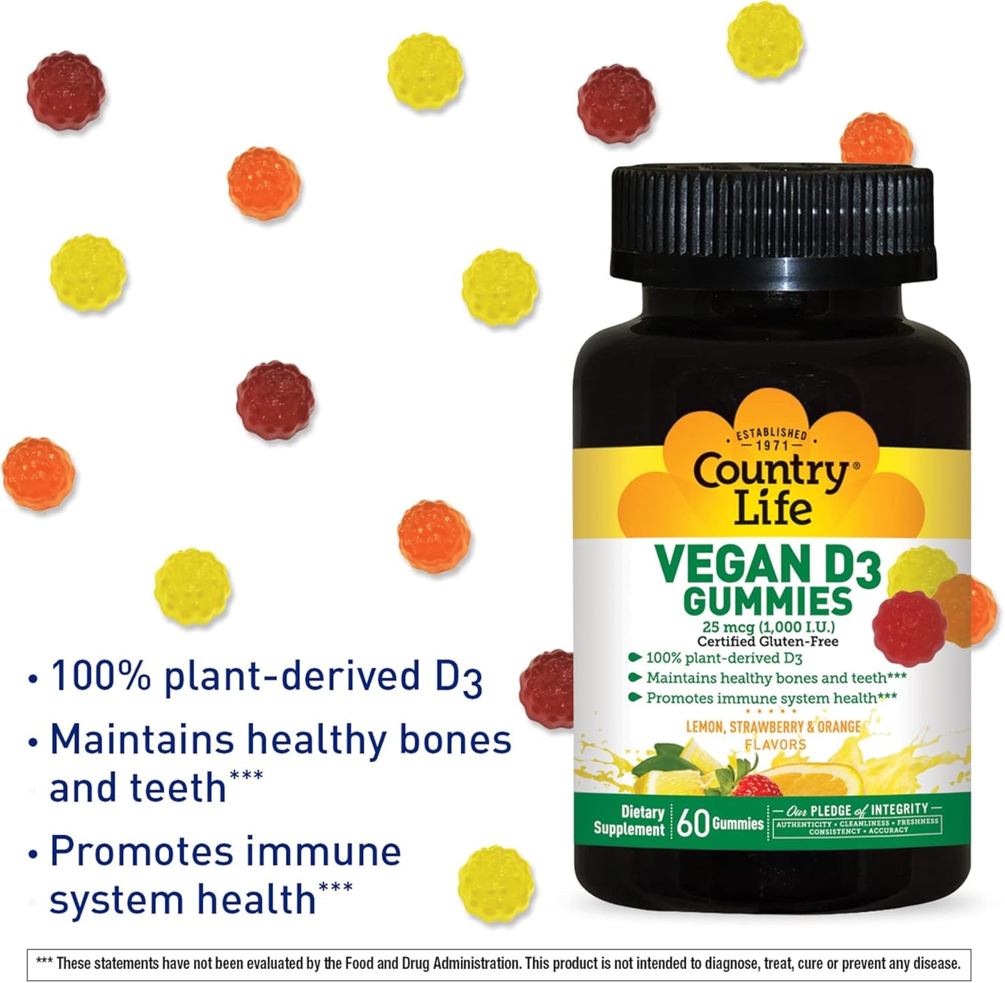 60 Count COUNTRY LIFE Vegan D3 Gummies - Natural Vitamin D Supplement for Immune Support and Bone Health