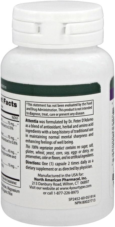 60 Count D'Adamo Personalized Nutrition Attentia Supplement for Enhanced Focus and Attention