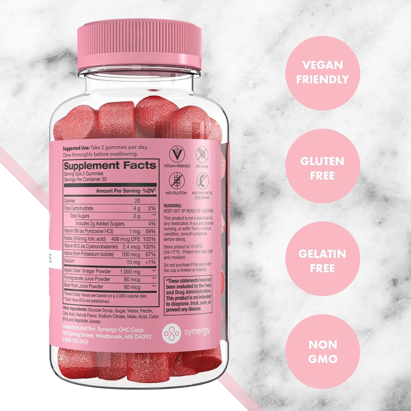 60 Count Flat Tummy Apple Cider Vinegar Gummies with Superfood Powders - Detox & Gut Health Support - Vegan & Non-GMO - Vitamins B6, B9, B12