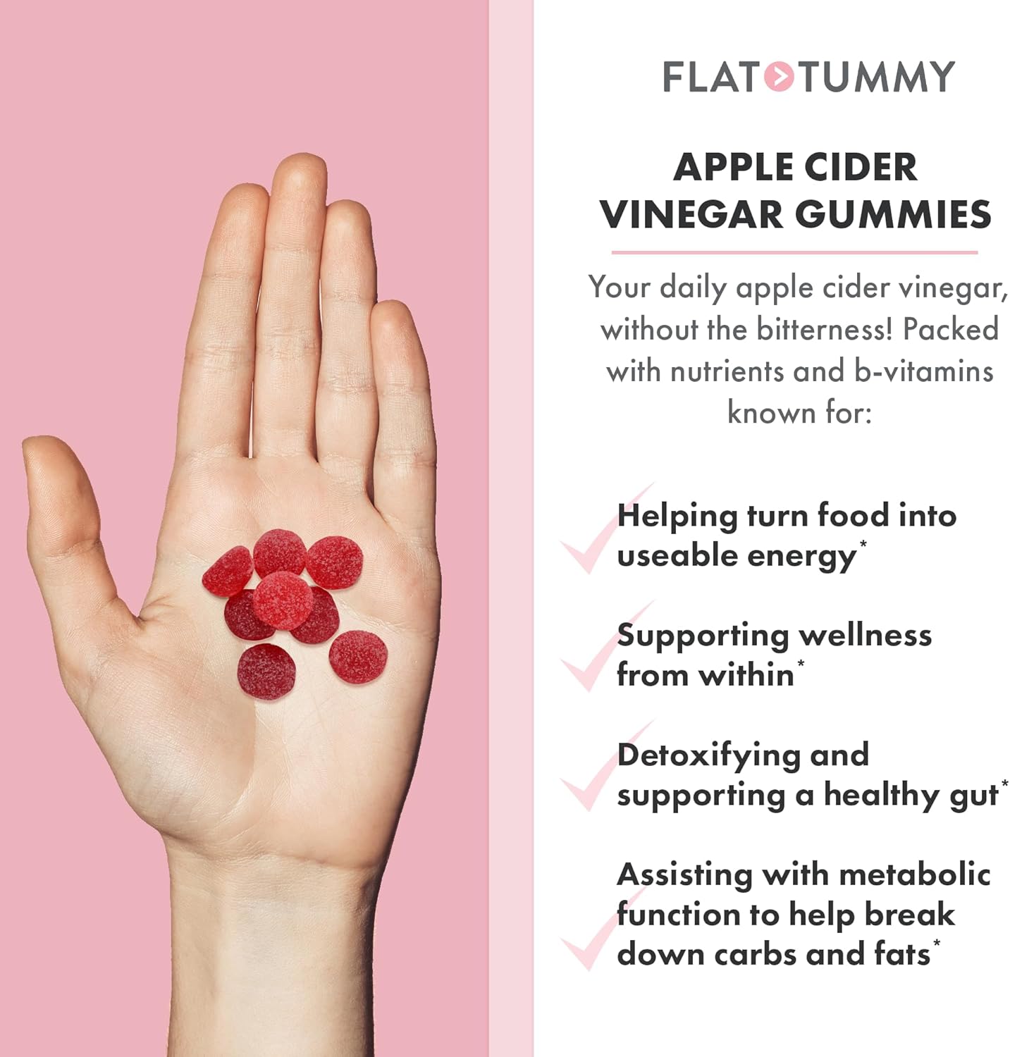 60 Count Flat Tummy Apple Cider Vinegar Gummies with Superfood Powders - Detox & Gut Health Support - Vegan & Non-GMO - Vitamins B6, B9, B12