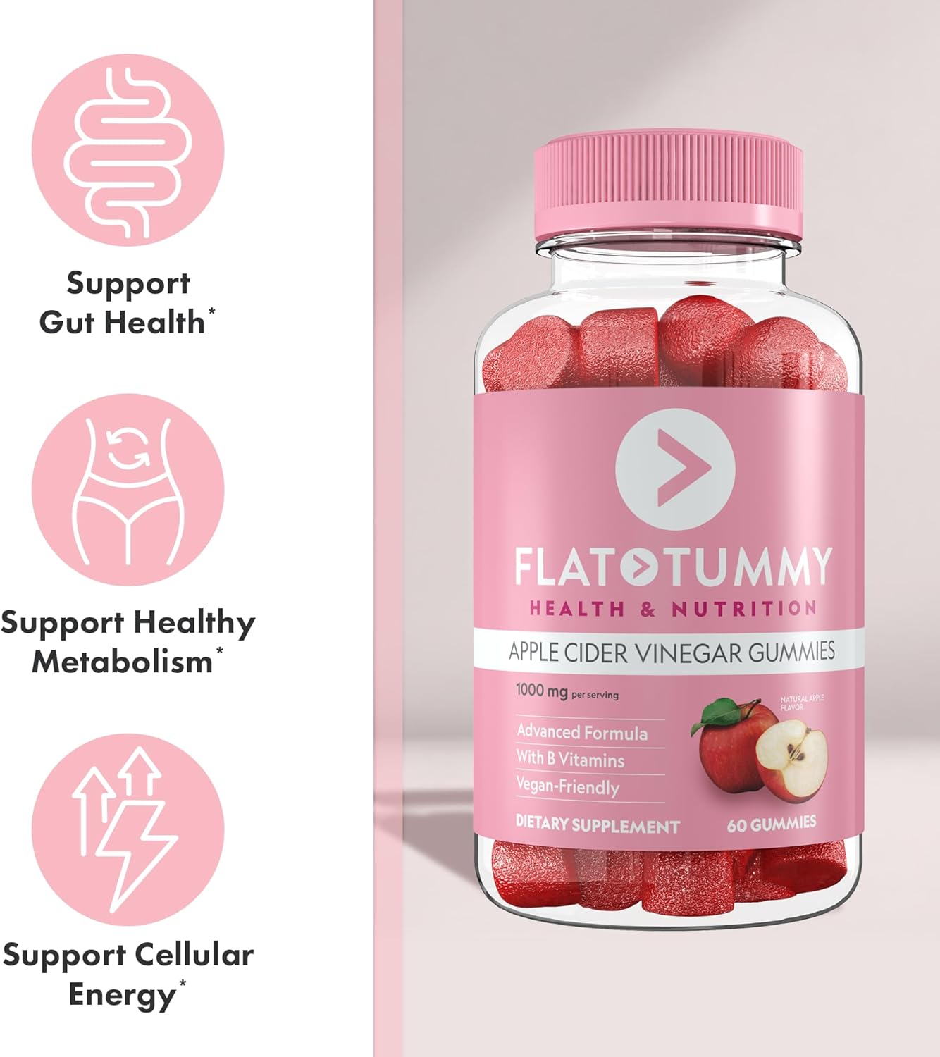 60 Count Flat Tummy Apple Cider Vinegar Gummies with Superfood Powders - Detox & Gut Health Support - Vegan & Non-GMO - Vitamins B6, B9, B12