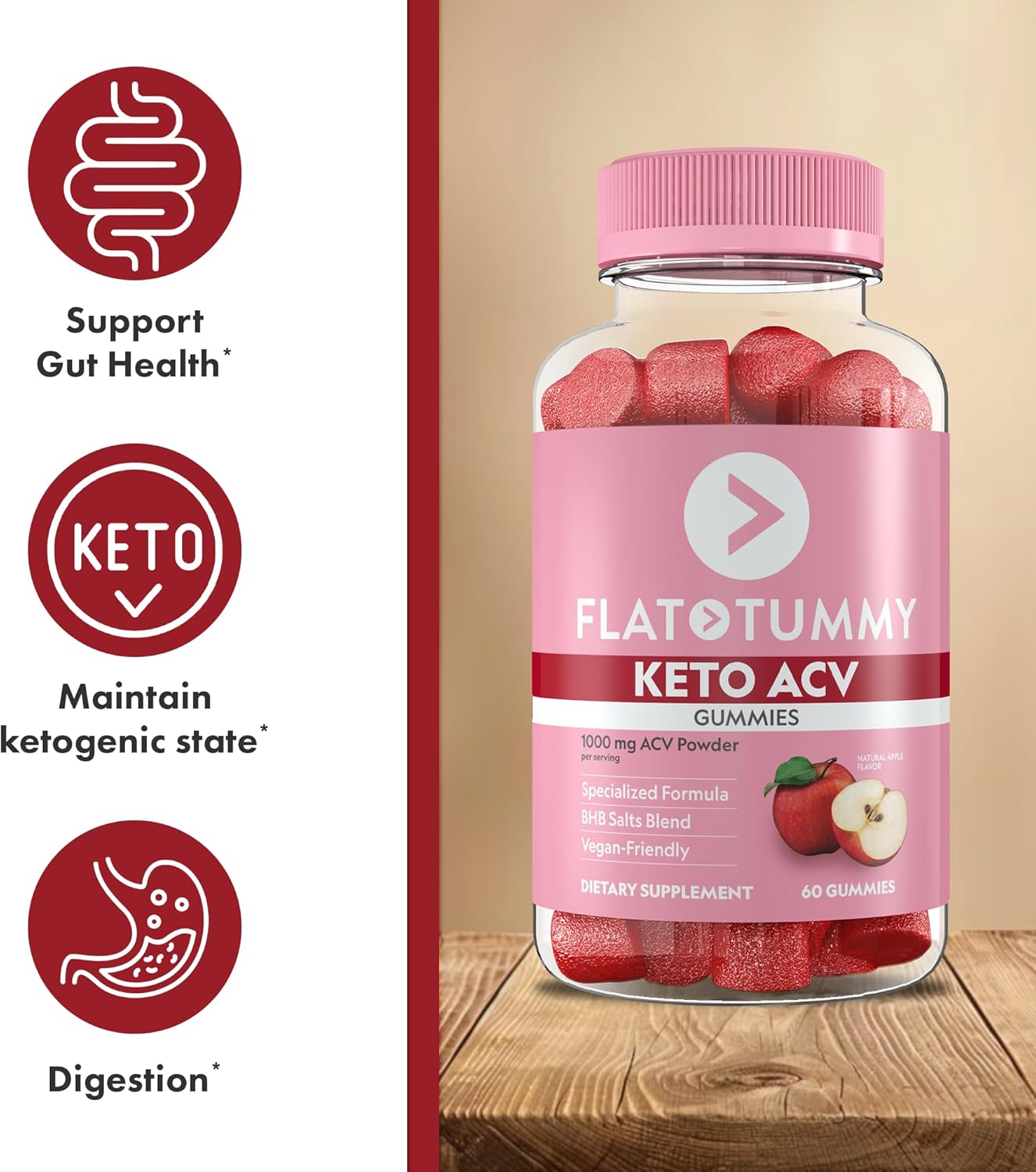 60 Count Flat Tummy Keto ACV Gummies with BHB Salts, Beet, and Pomegranate - Vegan, Non-GMO - Special Formula for Post GLP-1 Keto Support