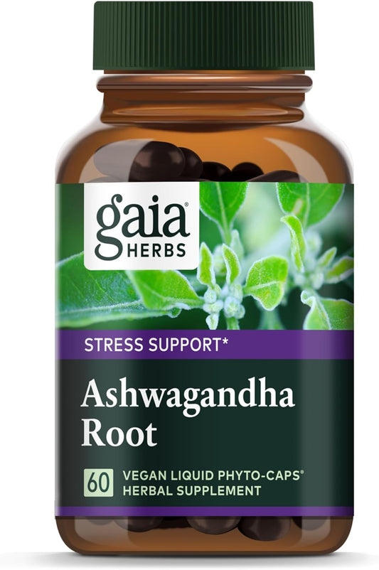 60-Count Gaia Herbs Ashwagandha Root Vegan Capsules - Stress Relief, Immune Support Supplement, Balanced Energy and Mood Boost